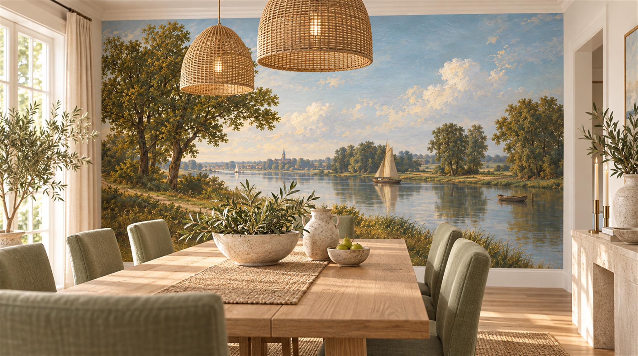 Blue Lakeside Landscape Wallpaper Mural Scene