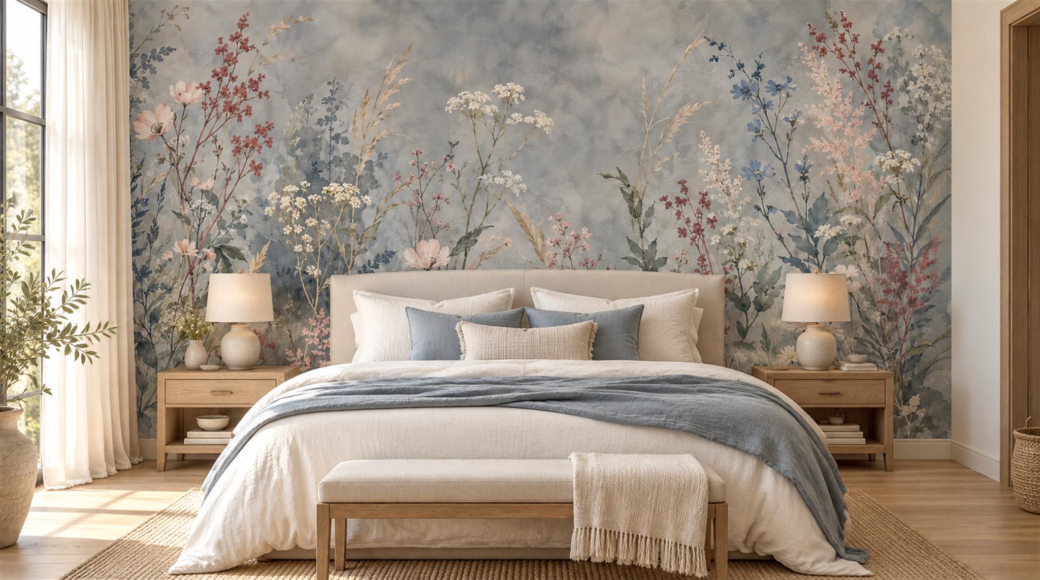 Blue Floral Patterning Wallpaper Mural Main