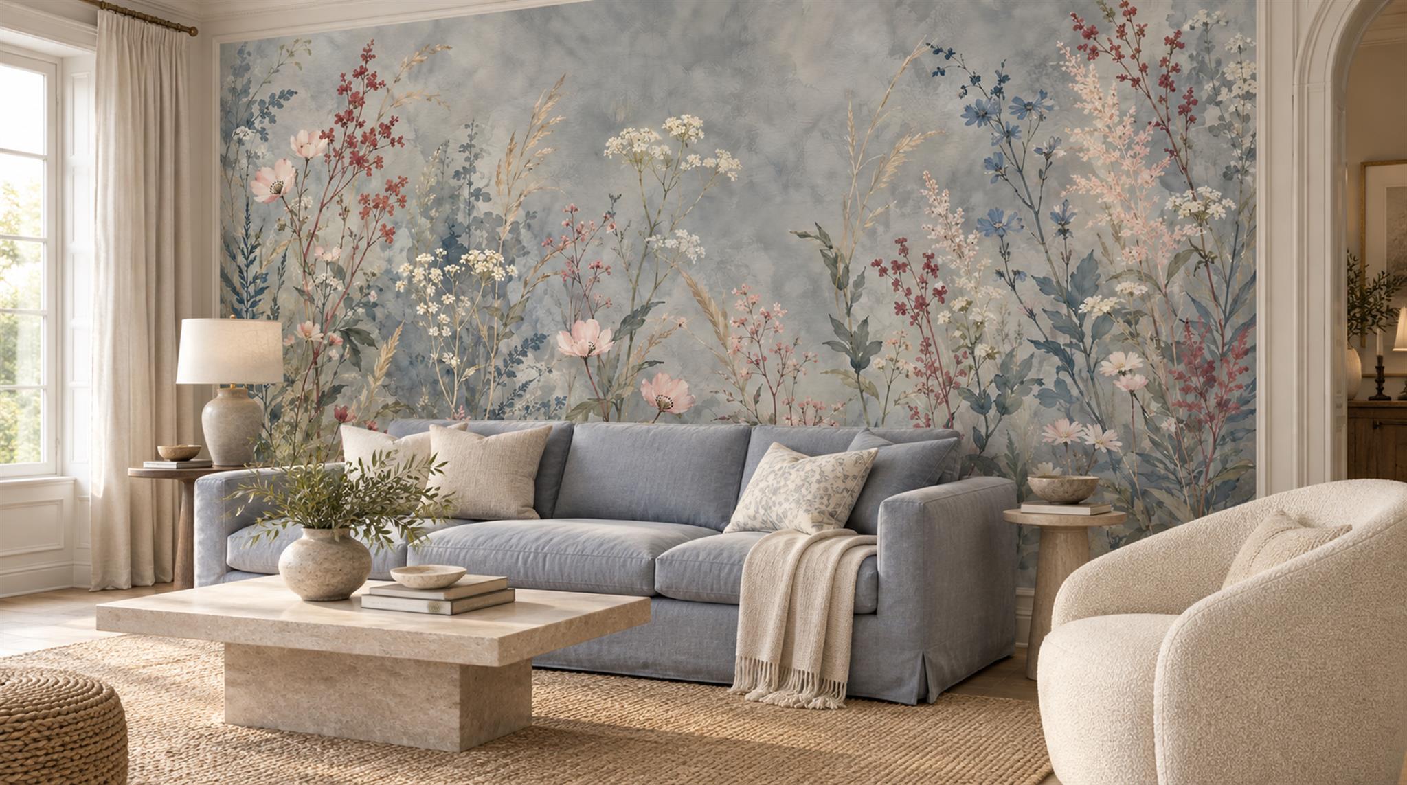 Blue Floral Patterning Wallpaper Mural Scene