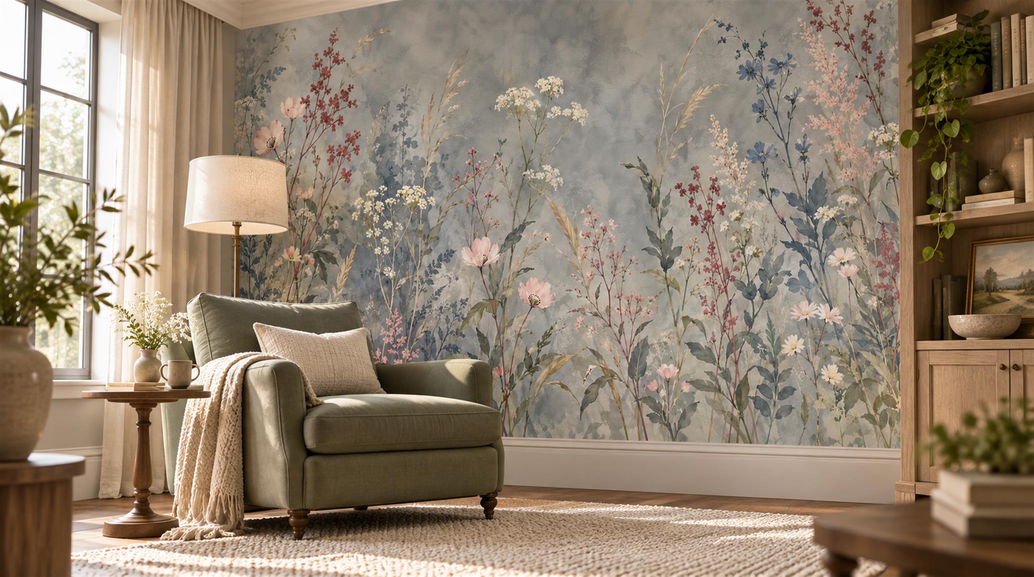 Blue Floral Patterning Wallpaper Mural Scene