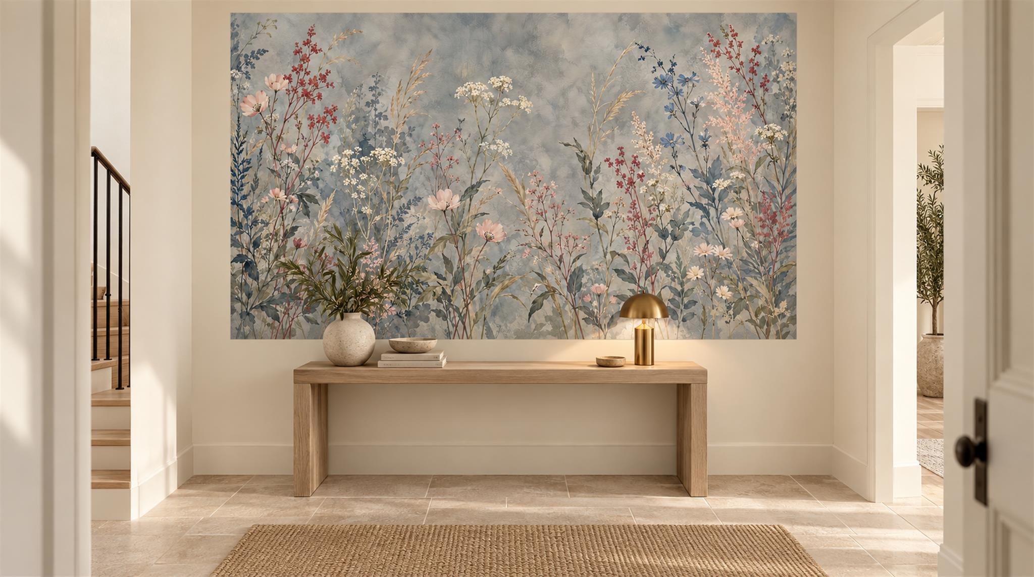 Blue Floral Patterning Wallpaper Mural Scene