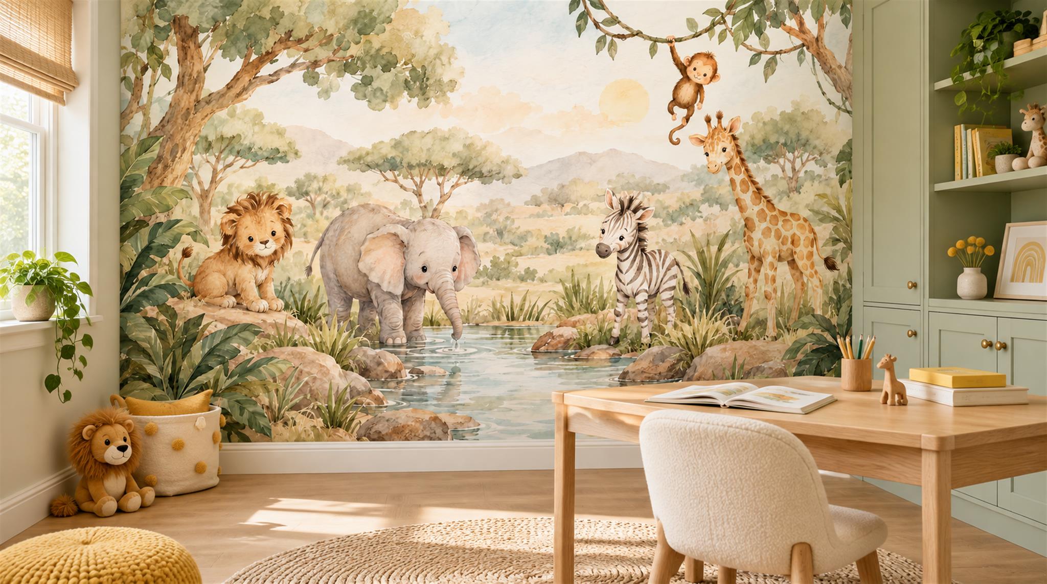 Neutral Safari Animals Wallpaper Mural Scene