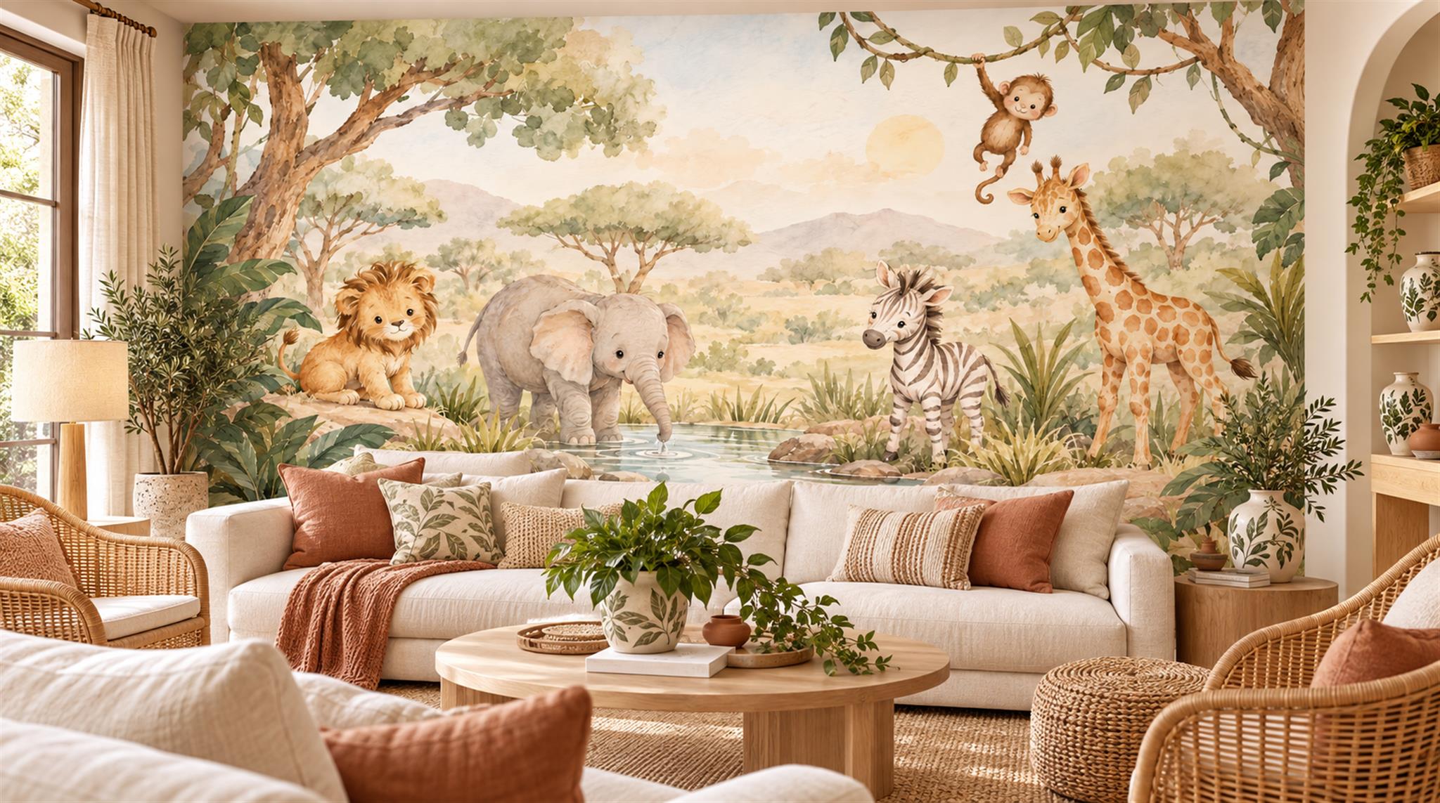 Neutral Safari Animals Wallpaper Mural Scene