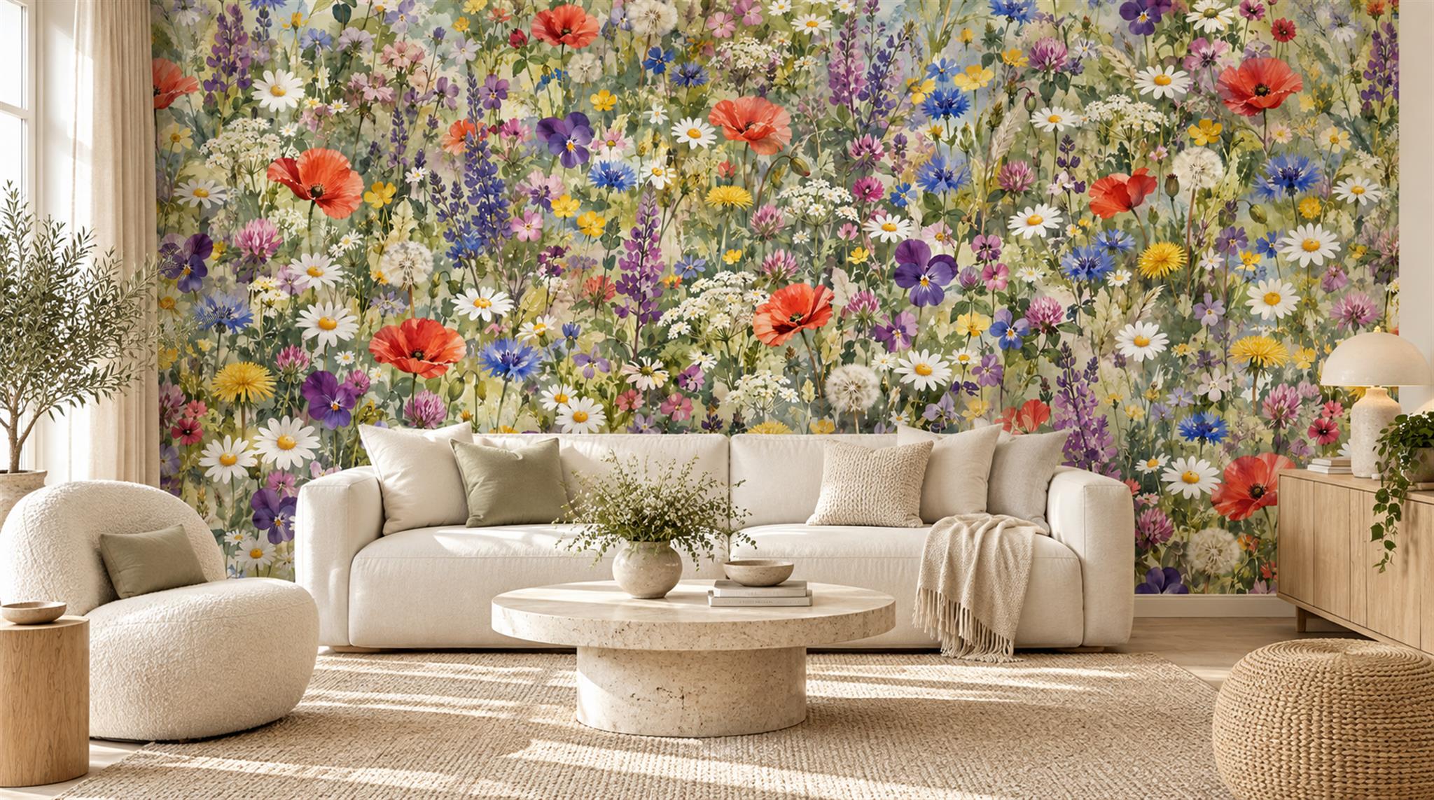 Neutral Floral Patterning Wallpaper Mural