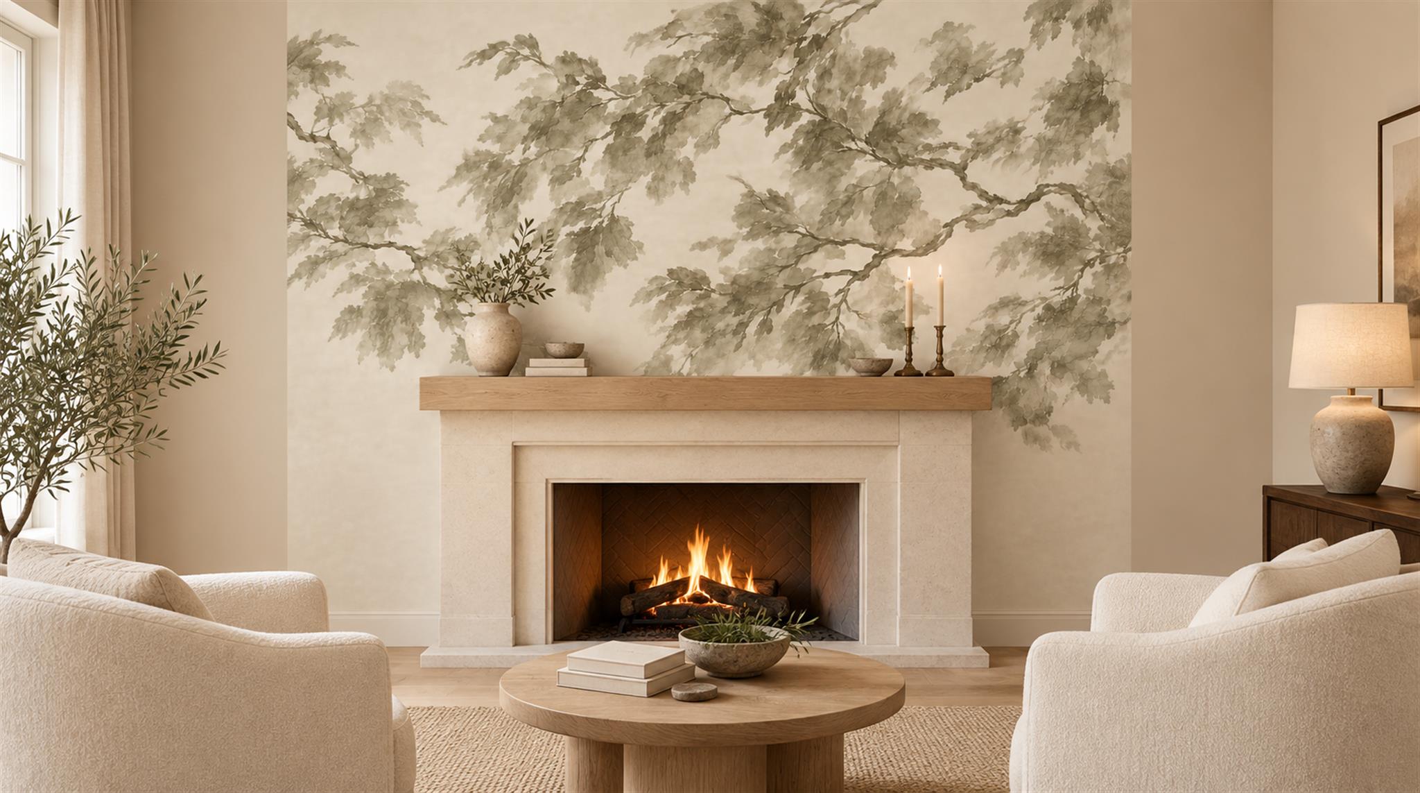 Ivory Leaf Patterning Wallpaper Mural Scene