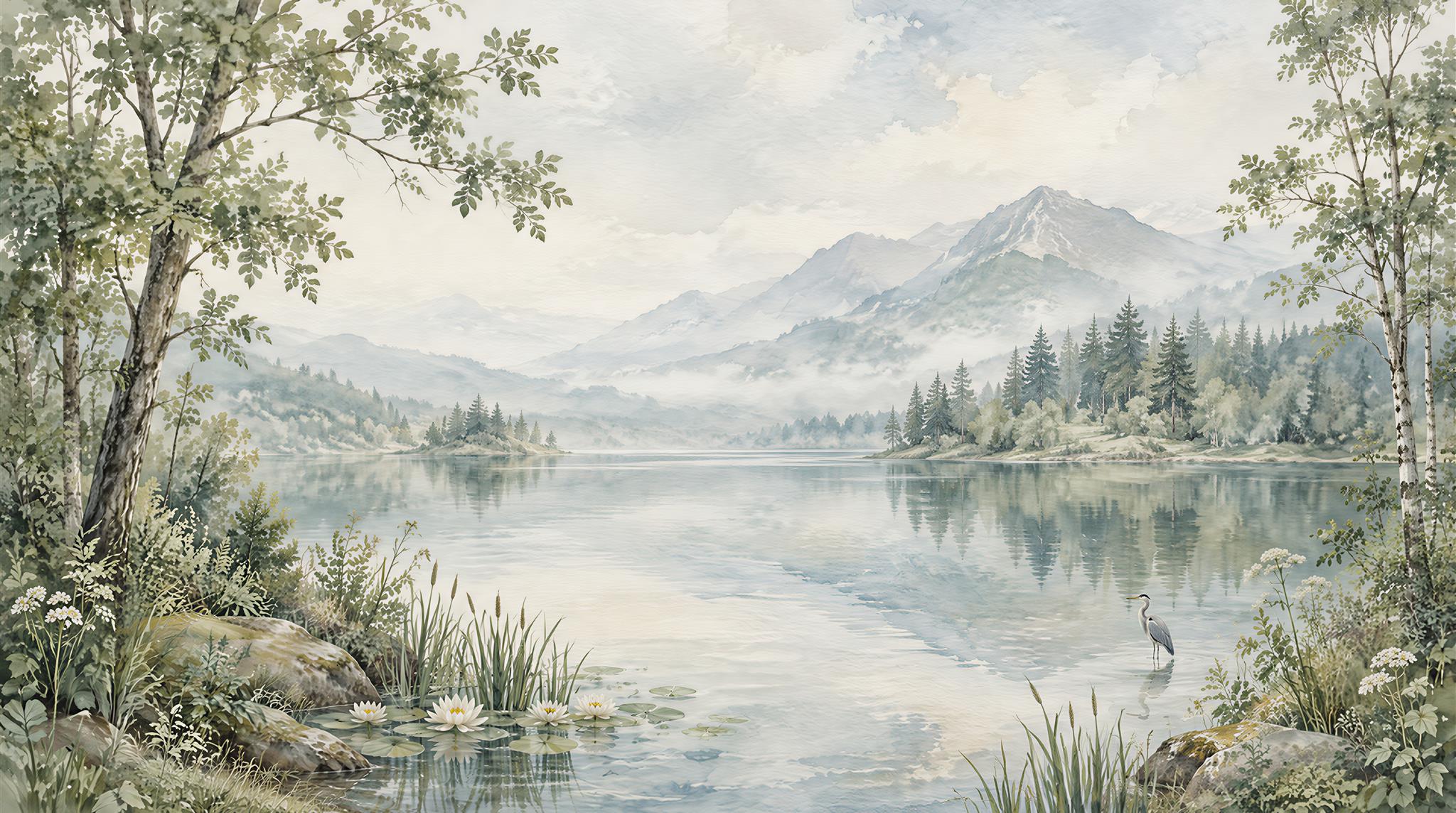 Blue Lakeside Landscape Wallpaper Mural Main