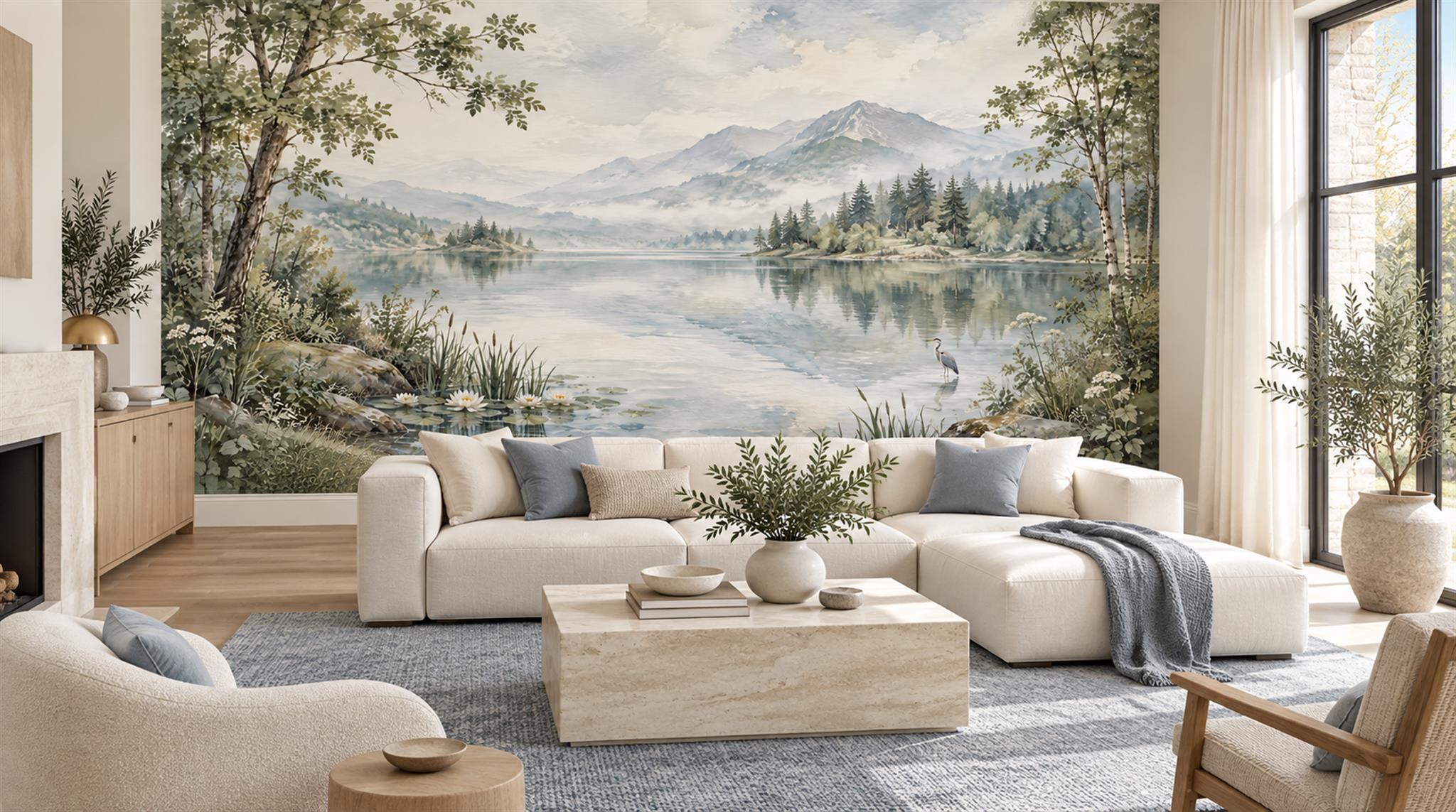 Blue Lakeside Landscape Wallpaper Mural Main