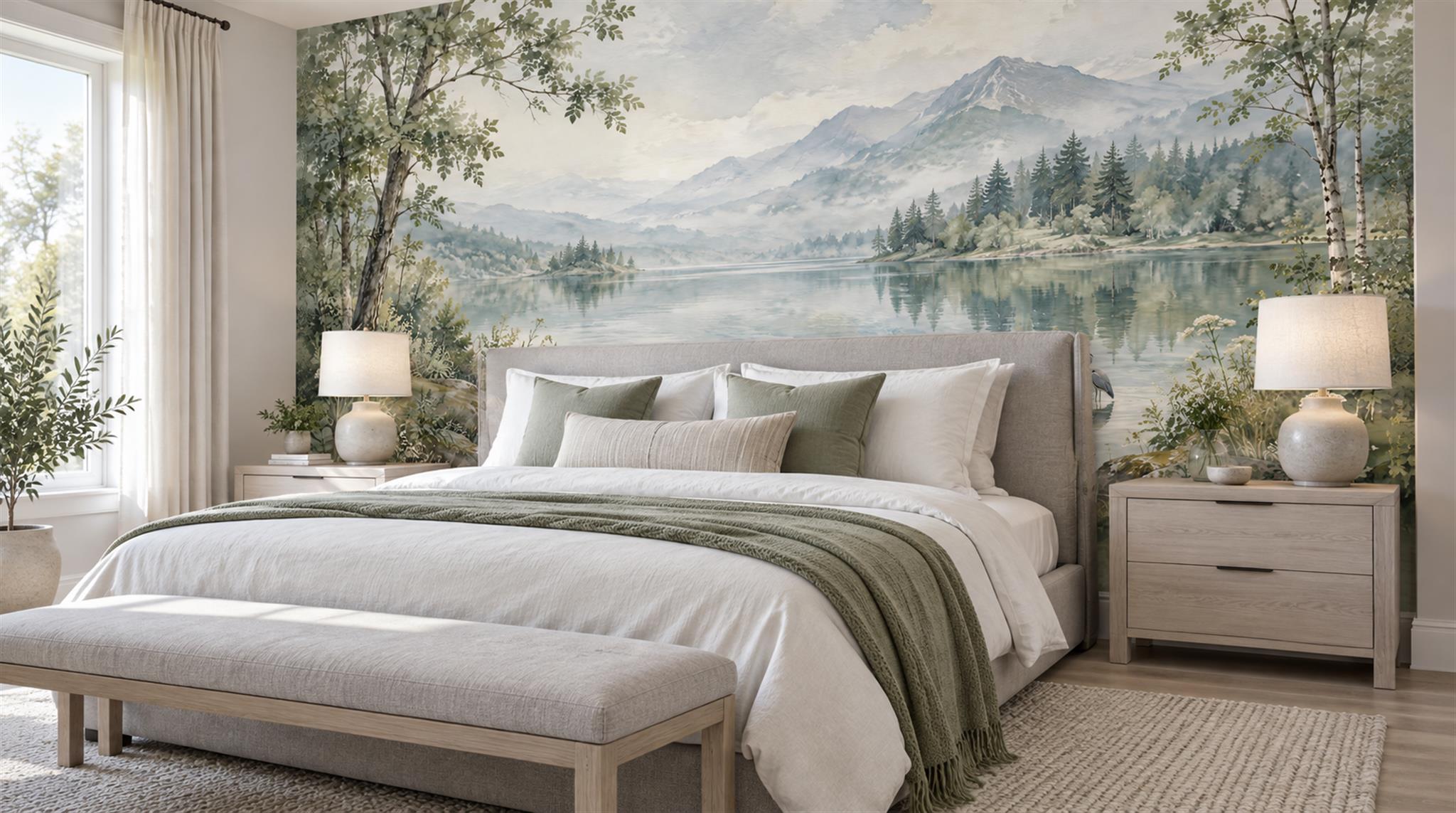 Blue Lakeside Landscape Wallpaper Mural Scene
