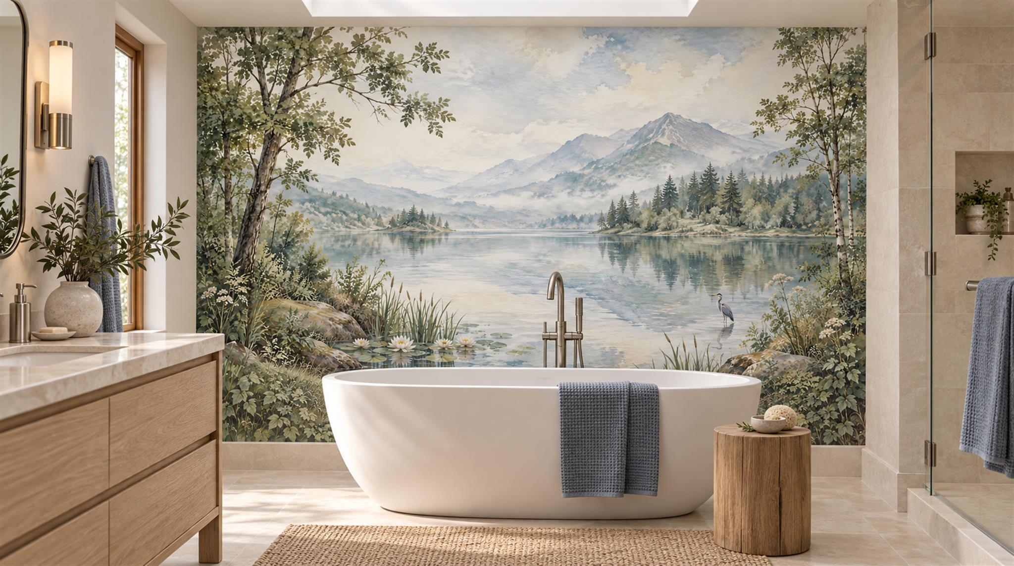 Blue Lakeside Landscape Wallpaper Mural Scene