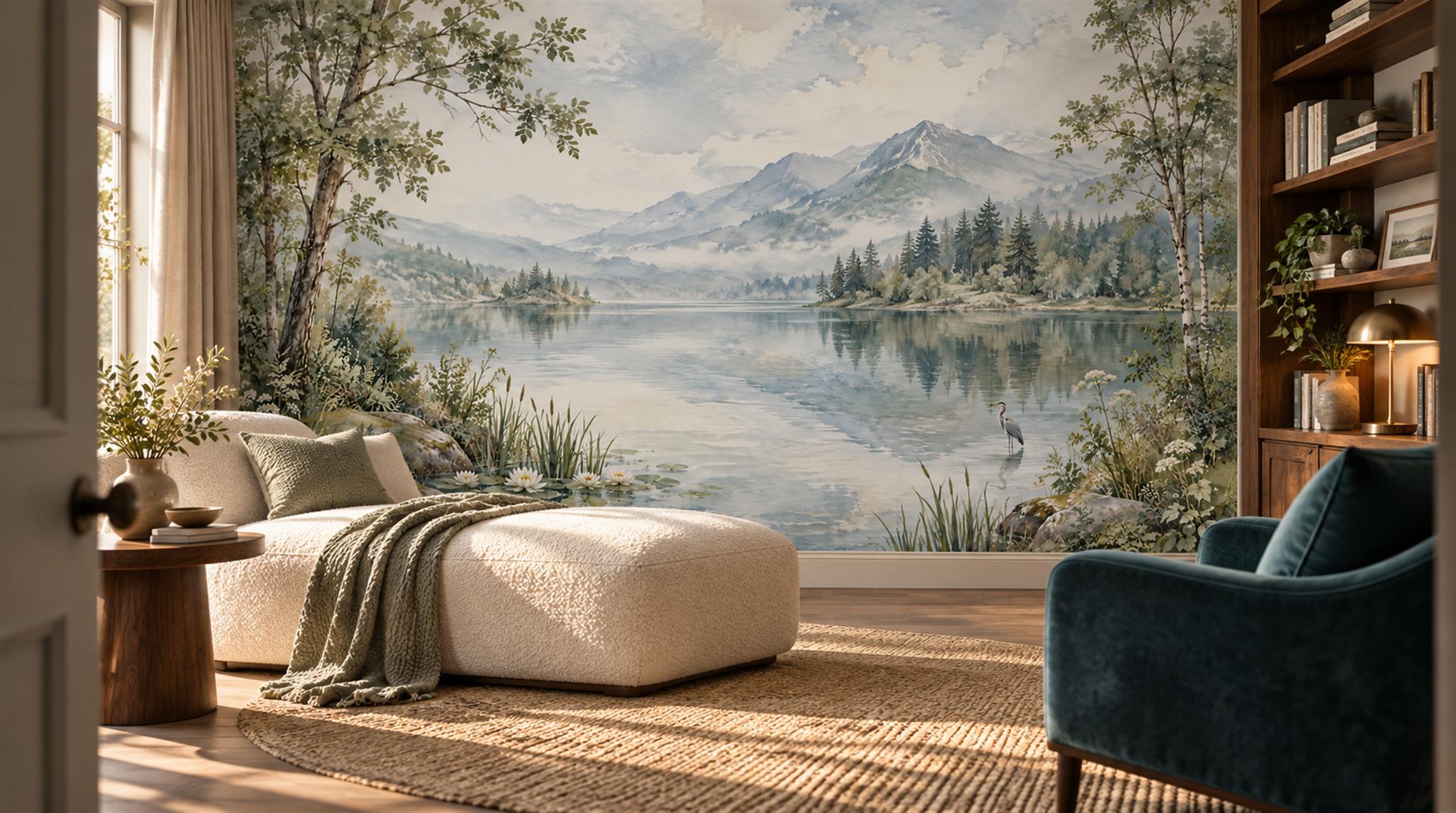 Blue Lakeside Landscape Wallpaper Mural Scene