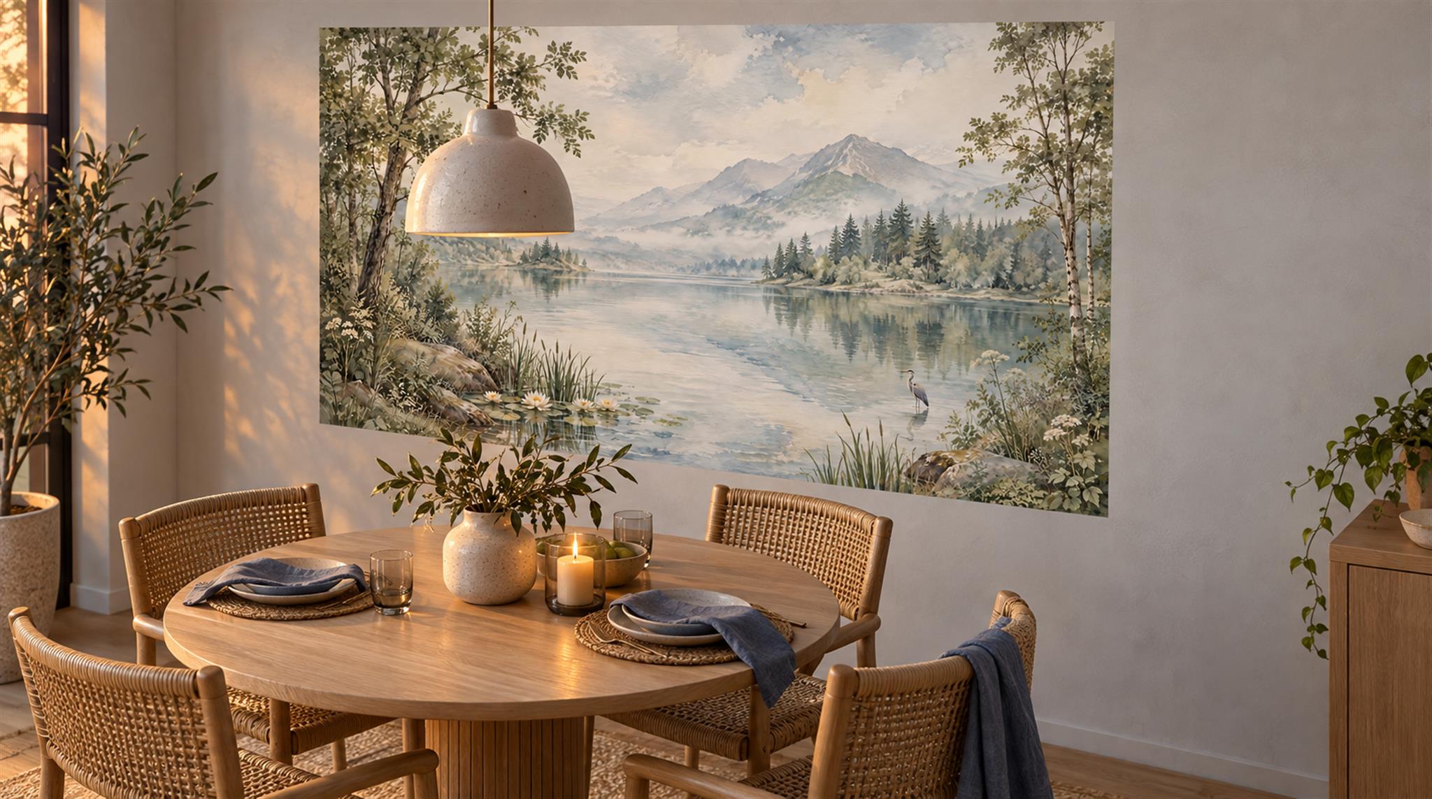 Blue Lakeside Landscape Wallpaper Mural Scene