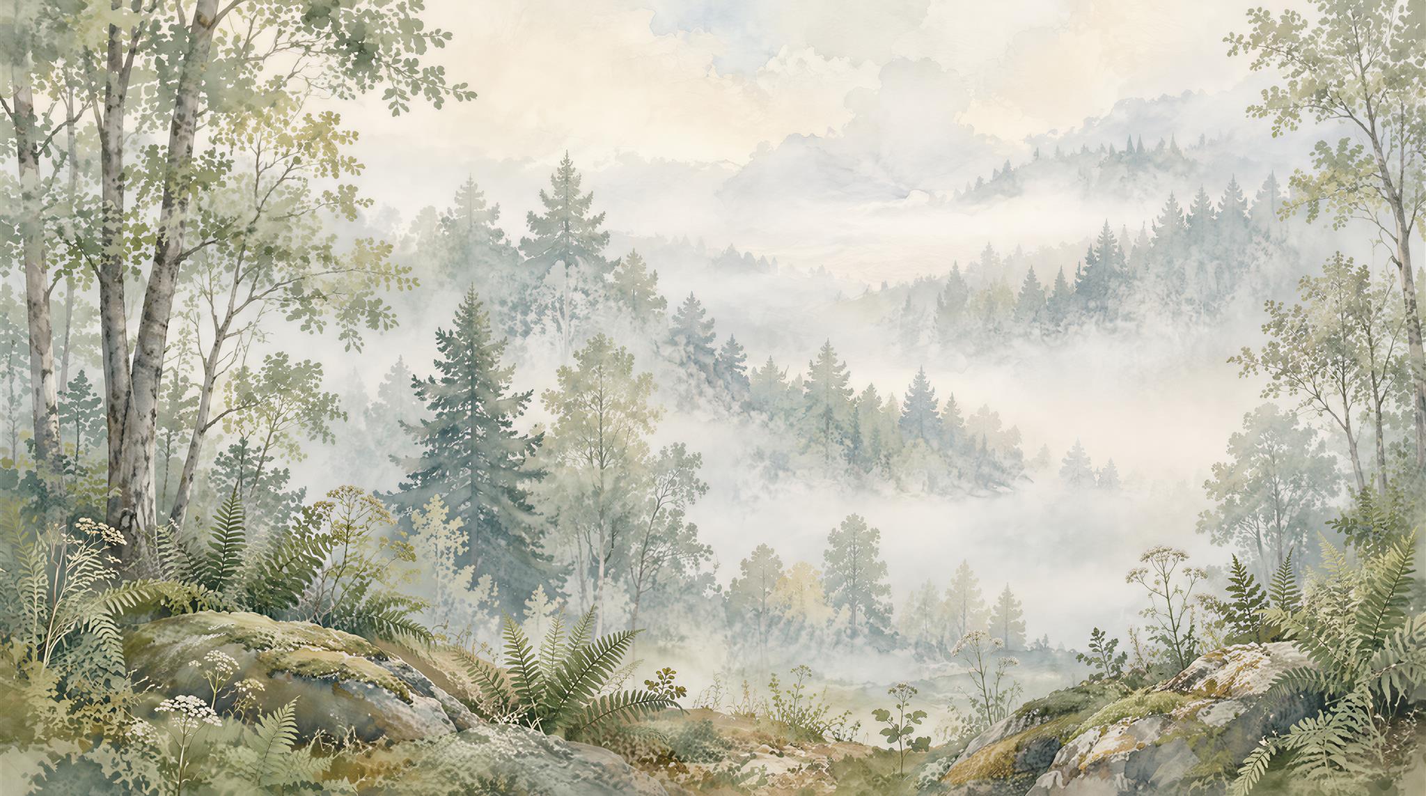 Sage Green Woodland Trees Wallpaper Mural Main