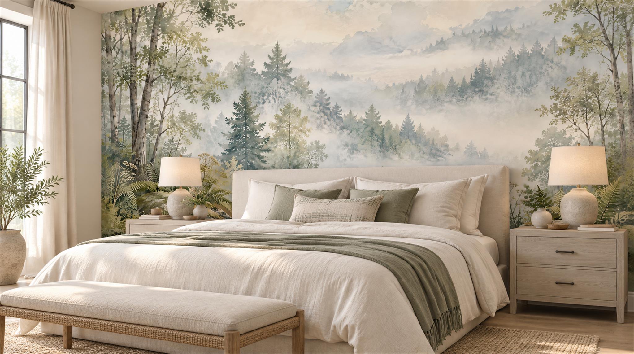 Sage Green Woodland Trees Wallpaper Mural Main