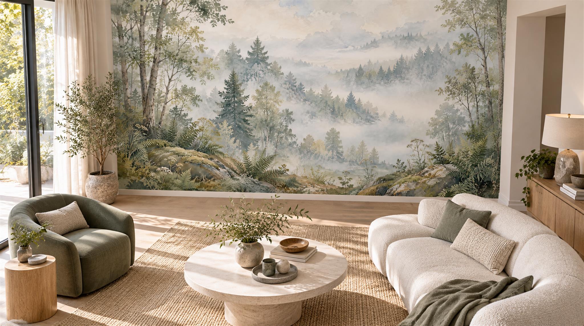 Sage Green Woodland Trees Wallpaper Mural Scene