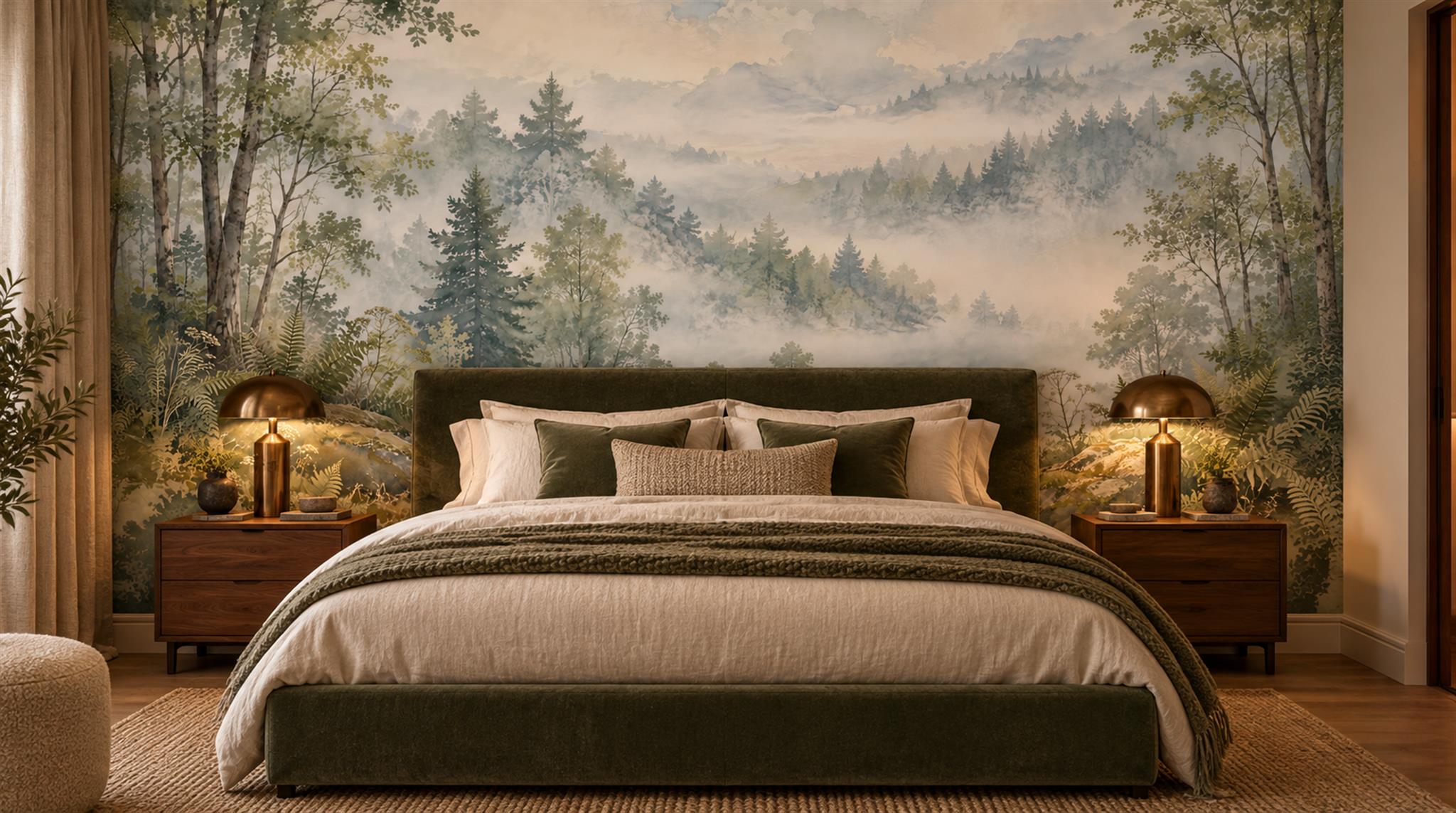 Sage Green Woodland Trees Wallpaper Mural Scene