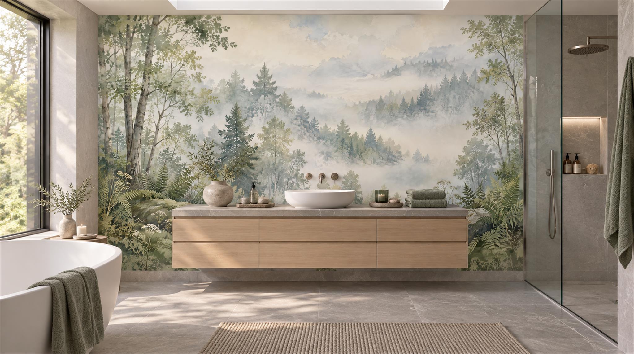 Sage Green Woodland Trees Wallpaper Mural Scene