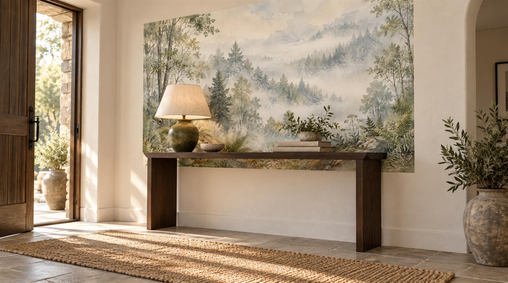 Sage Green Woodland Trees Wallpaper Mural Scene
