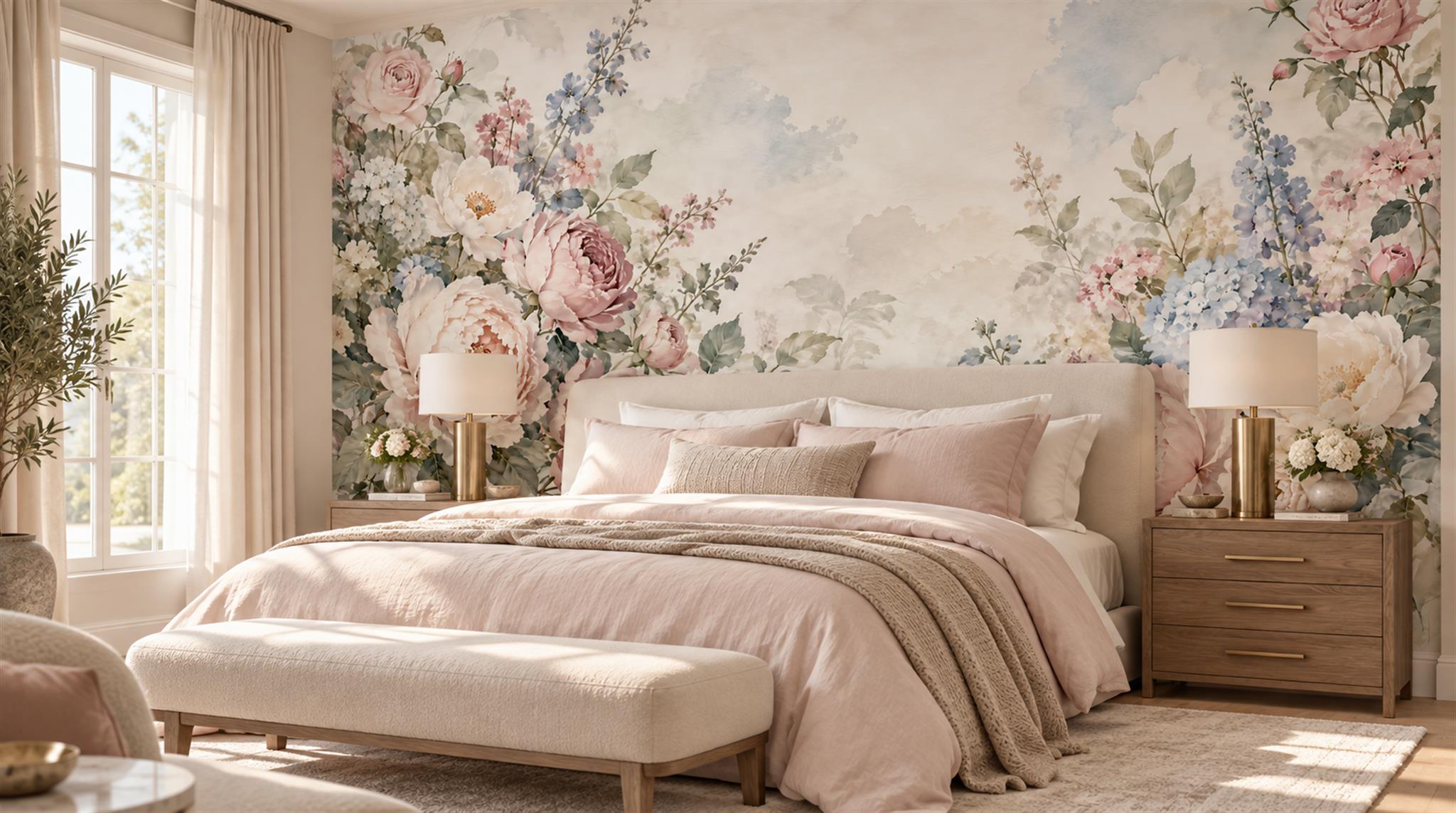 Soft Pastel Floral Foliage Wallpaper Mural Main