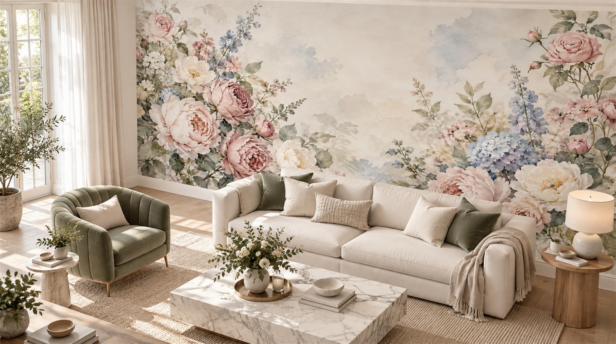 Soft Pastel Floral Foliage Wallpaper Mural Scene