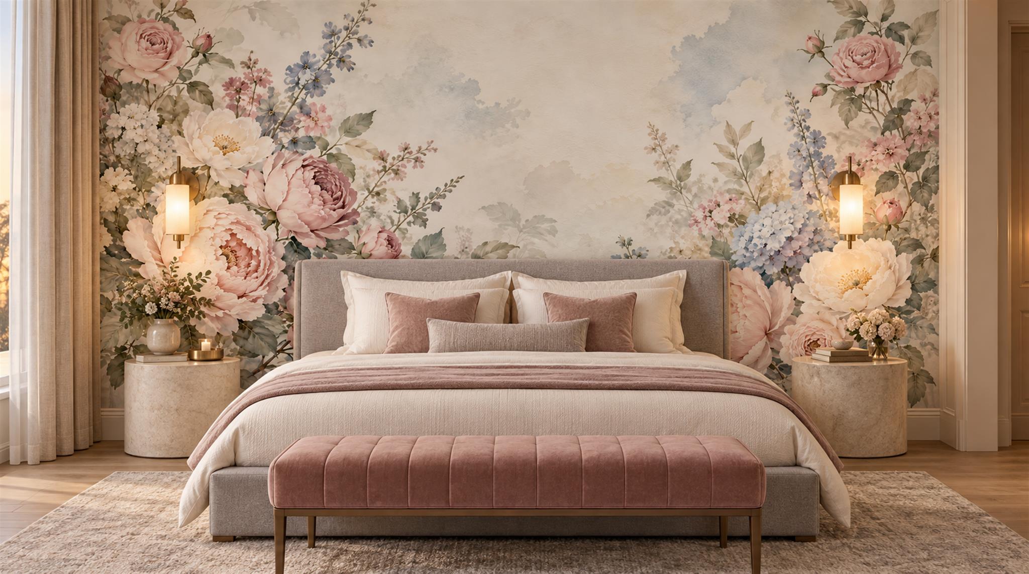 Soft Pastel Floral Foliage Wallpaper Mural Scene