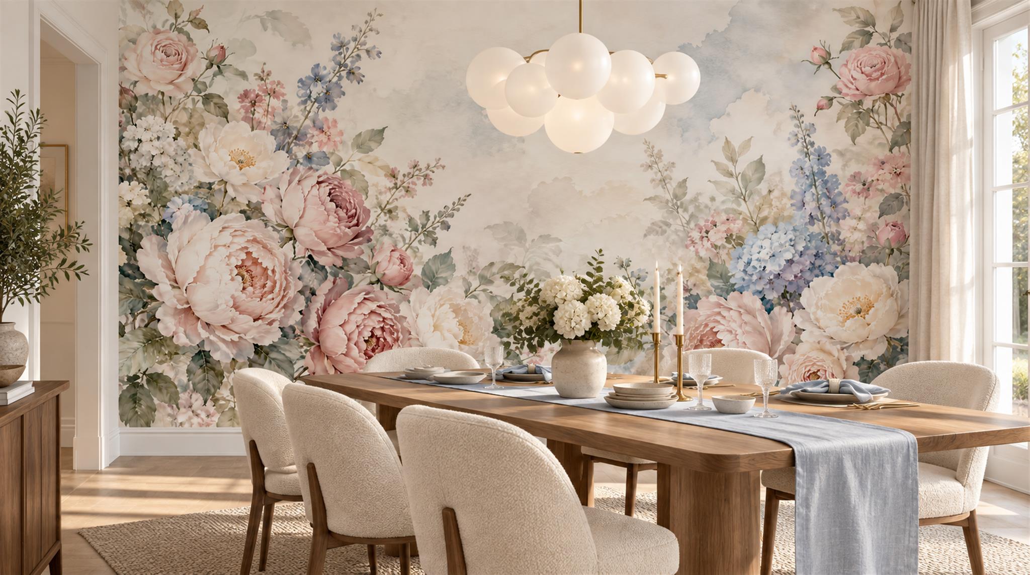 Soft Pastel Floral Foliage Wallpaper Mural Scene