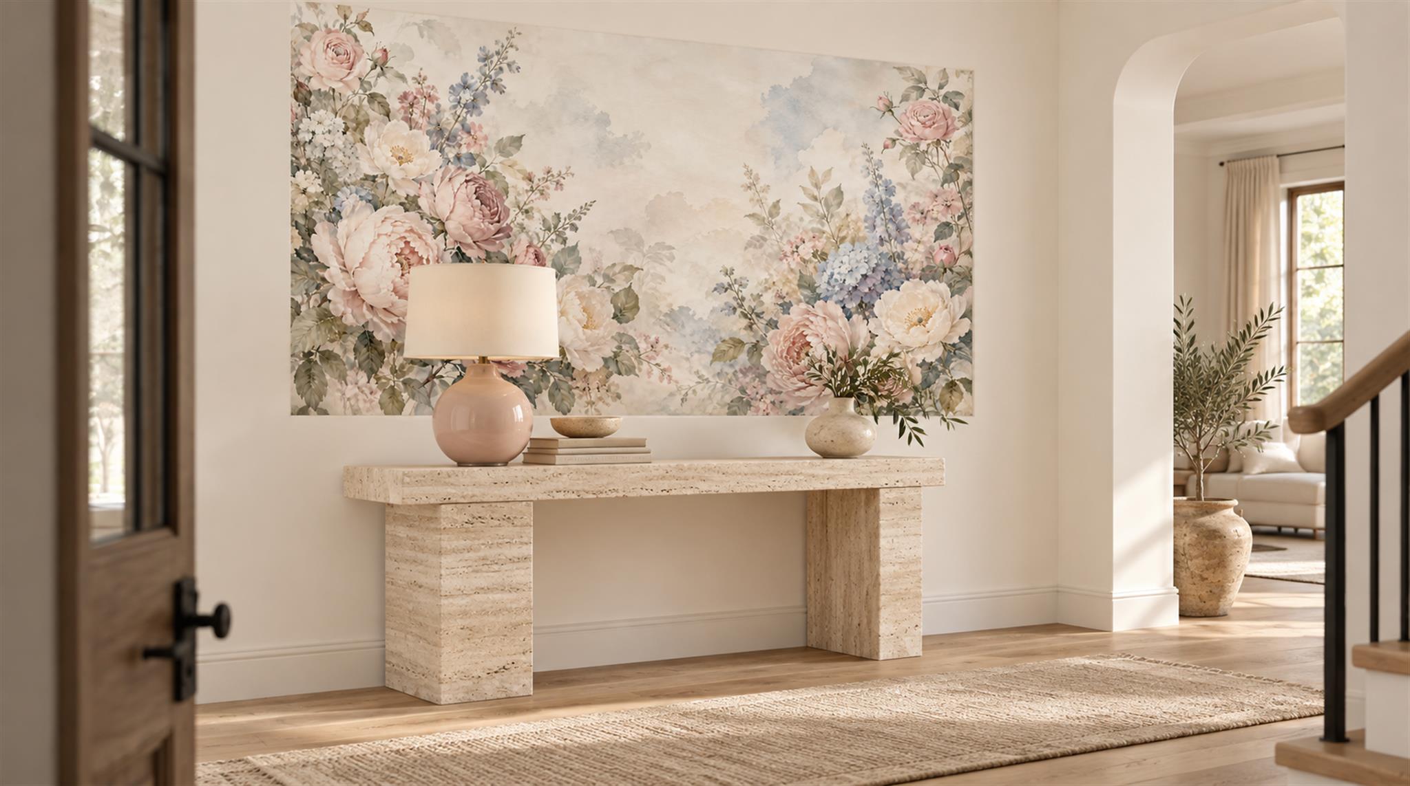 Soft Pastel Floral Foliage Wallpaper Mural Scene
