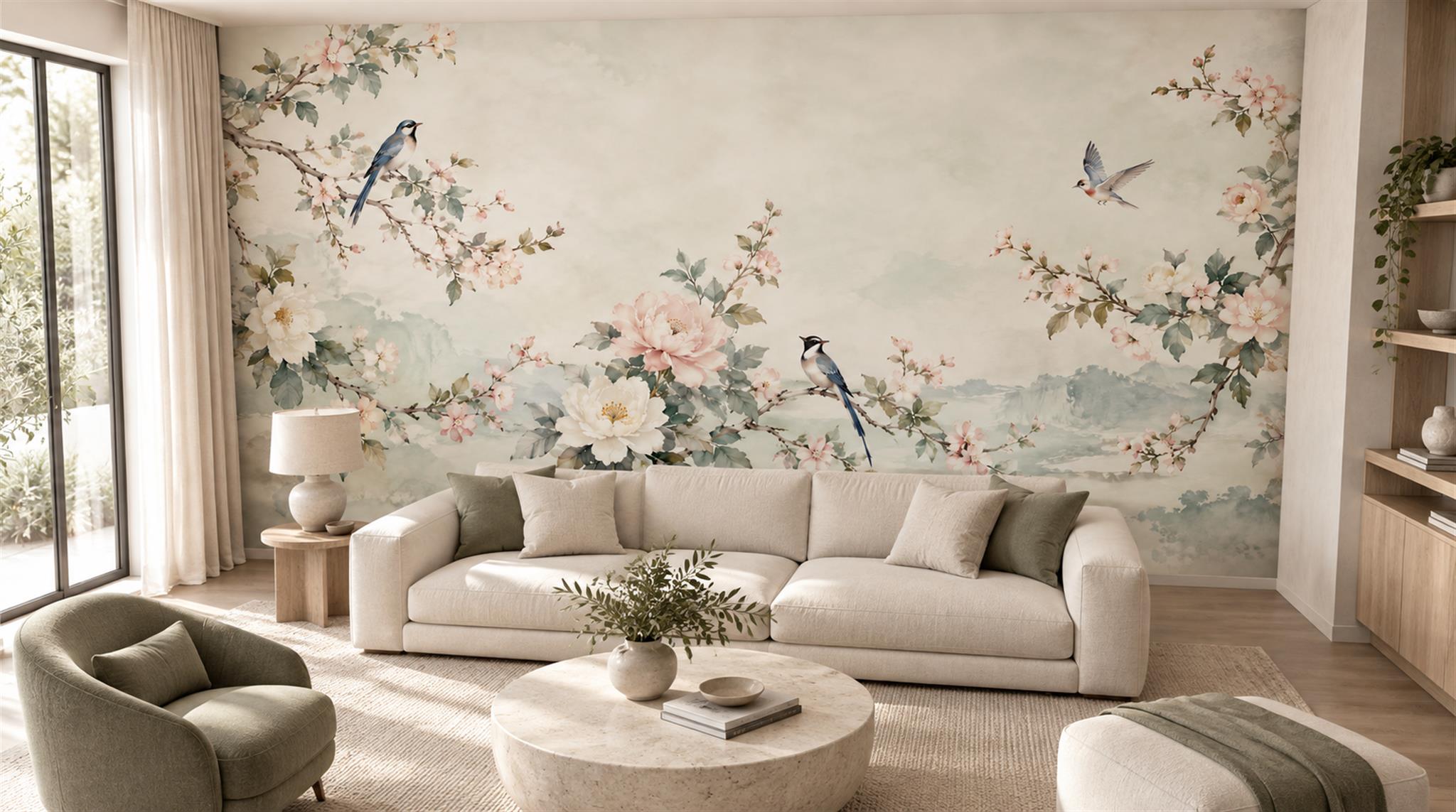 Sage Green Floral Foliage Wallpaper Mural Scene