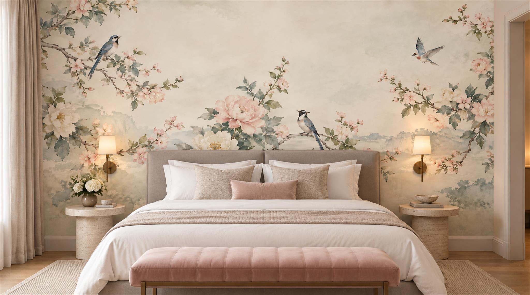Sage Green Floral Foliage Wallpaper Mural Scene