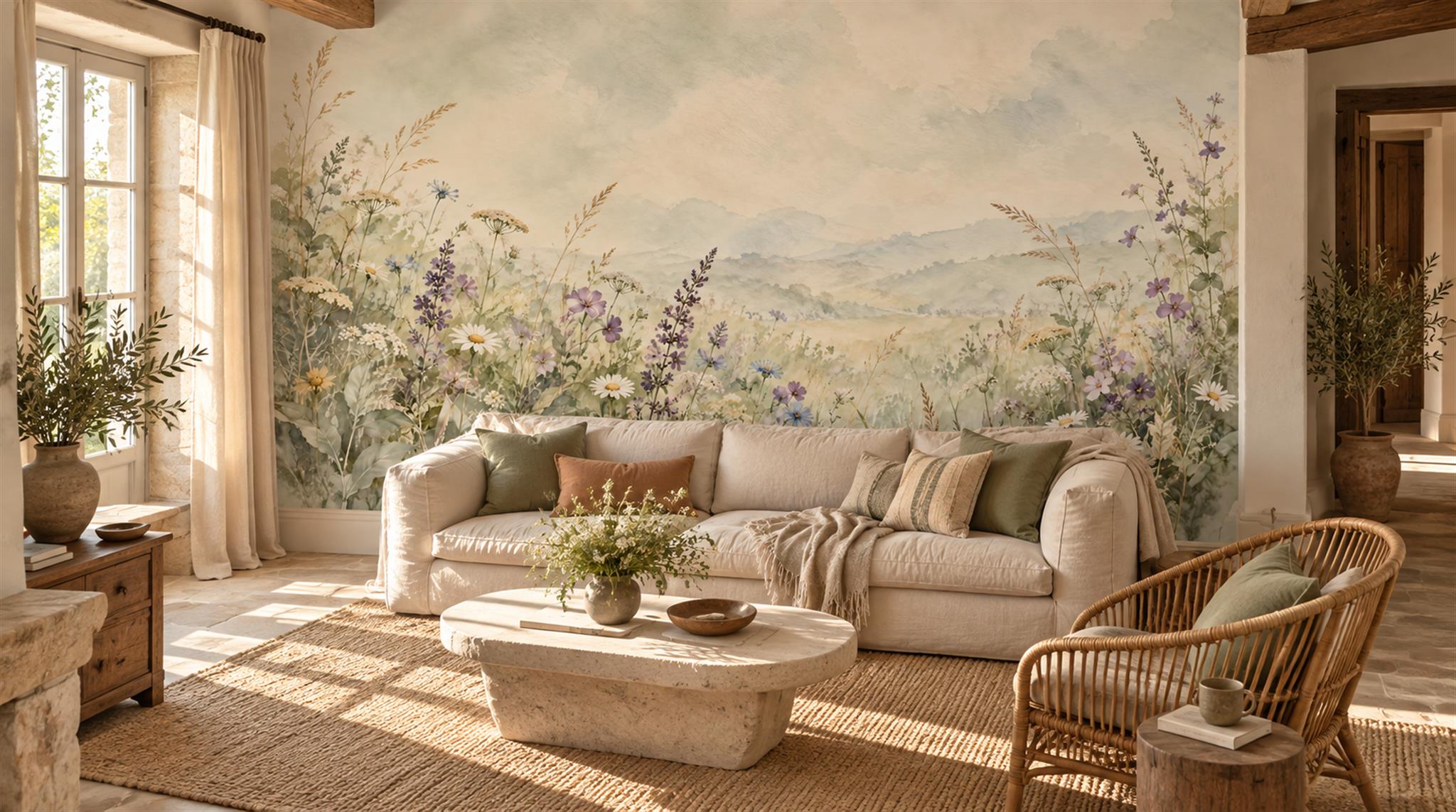 Ivory Floral Patterning Wallpaper Mural Scene