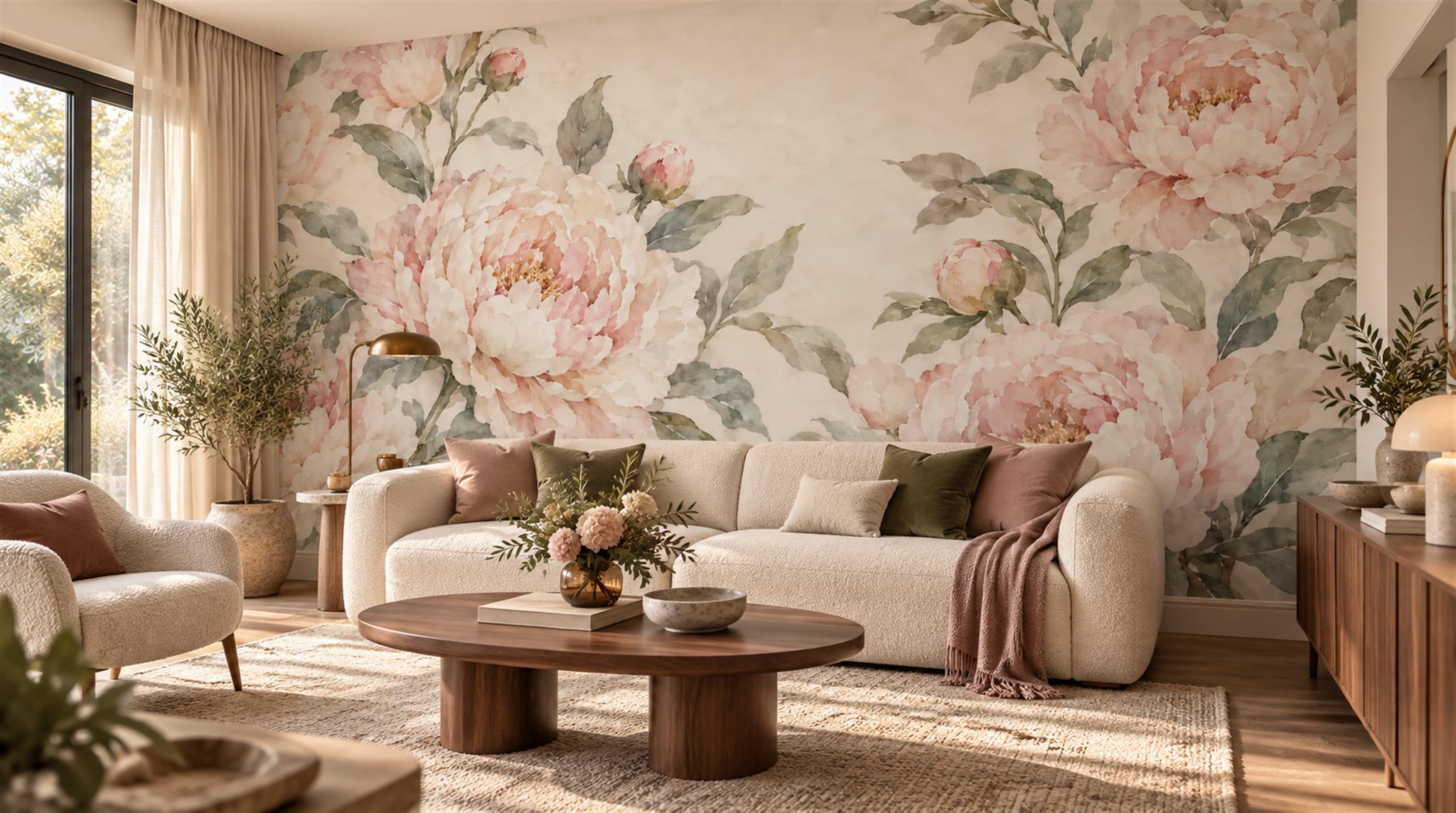 Pink Peony Flowers Wallpaper Mural Scene
