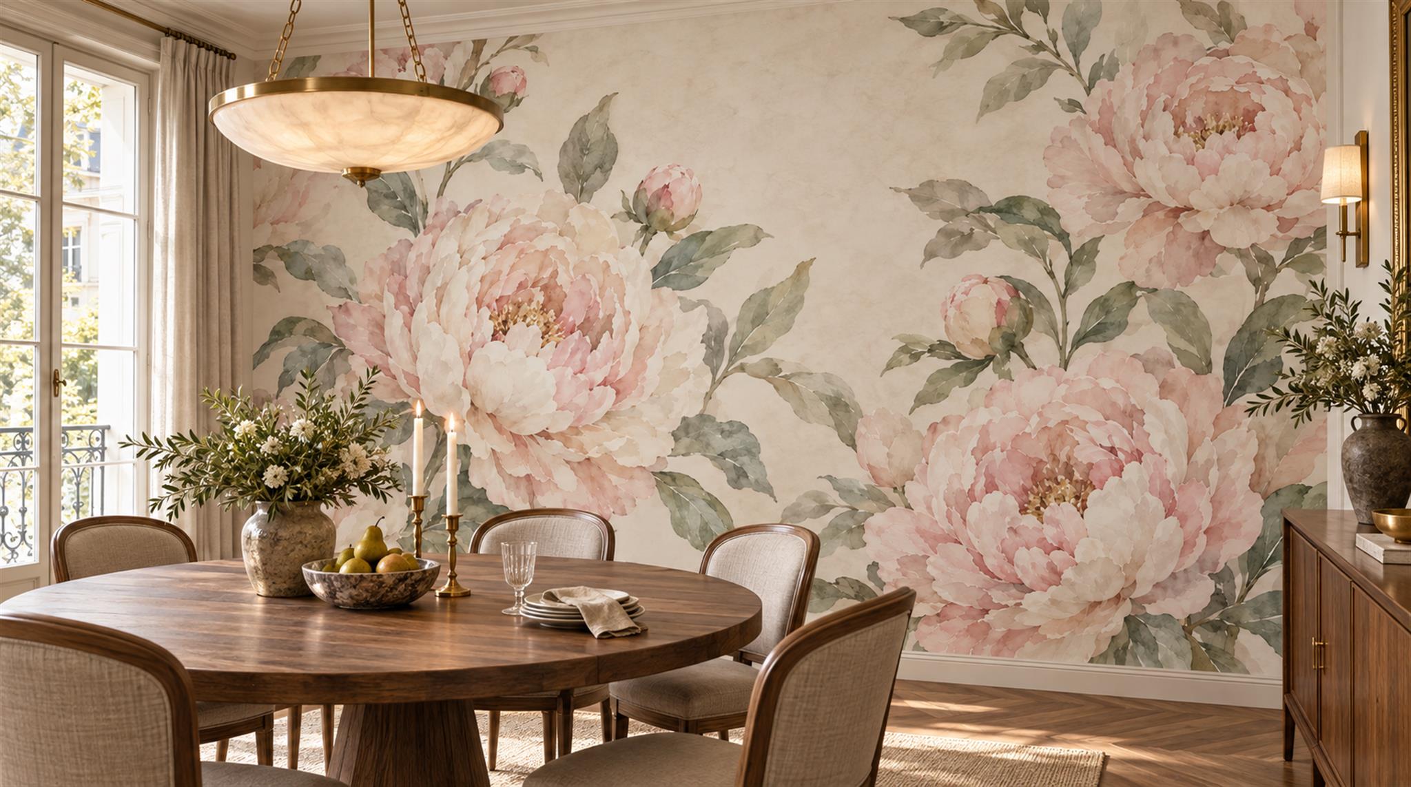 Pink Peony Flowers Wallpaper Mural Scene