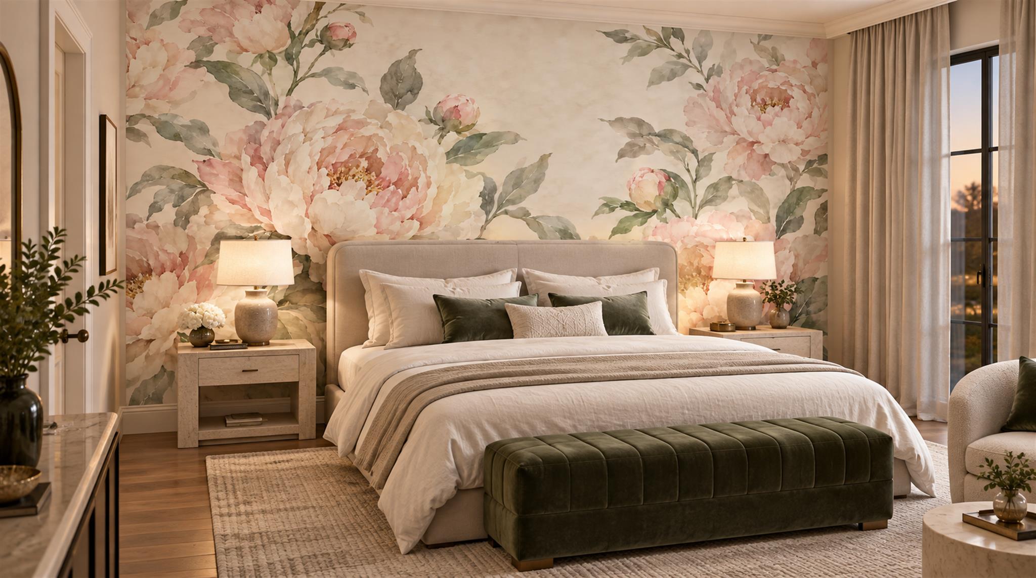 Pink Peony Flowers Wallpaper Mural Scene