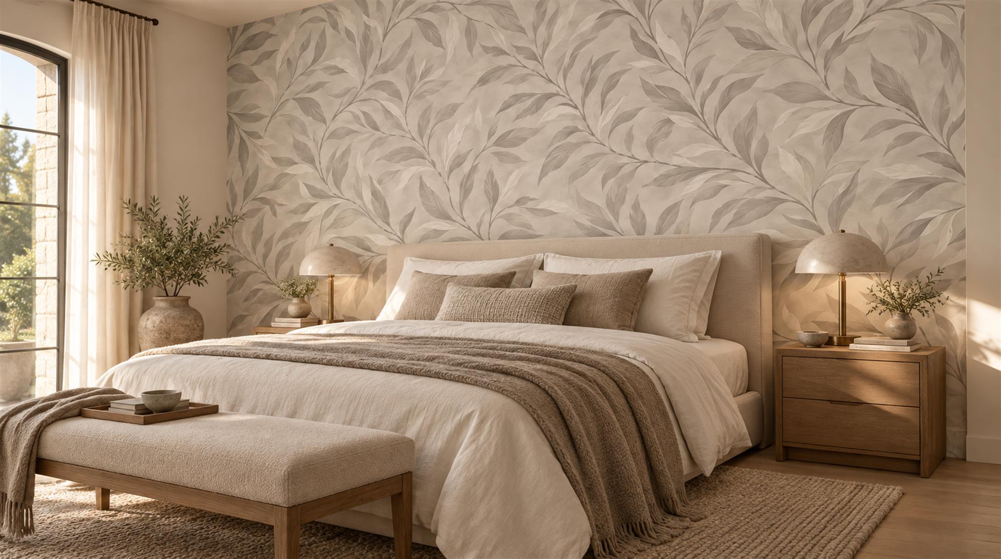 Grey Leaf Patterning Wallpaper Mural Main