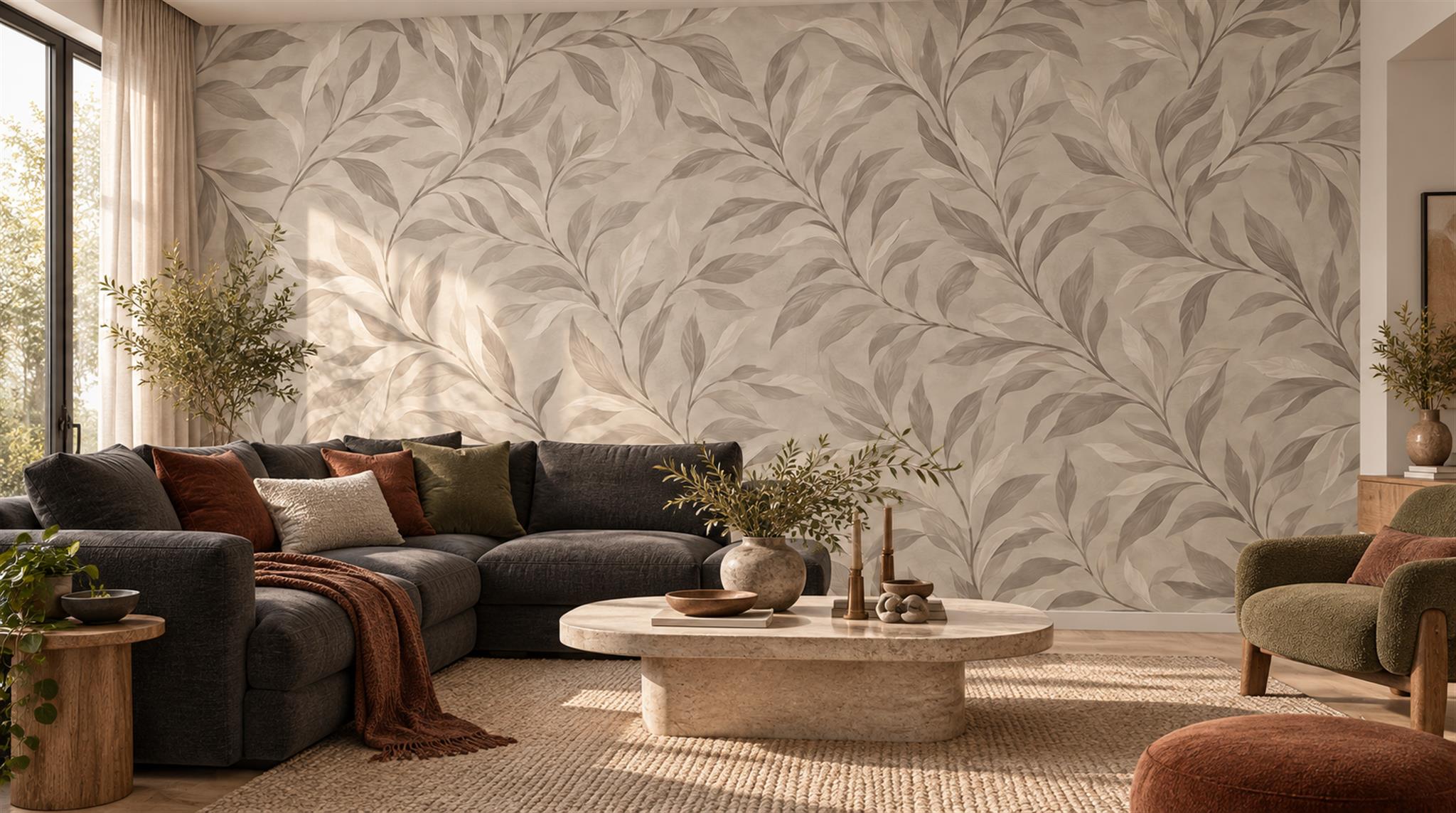Grey Leaf Patterning Wallpaper Mural Scene