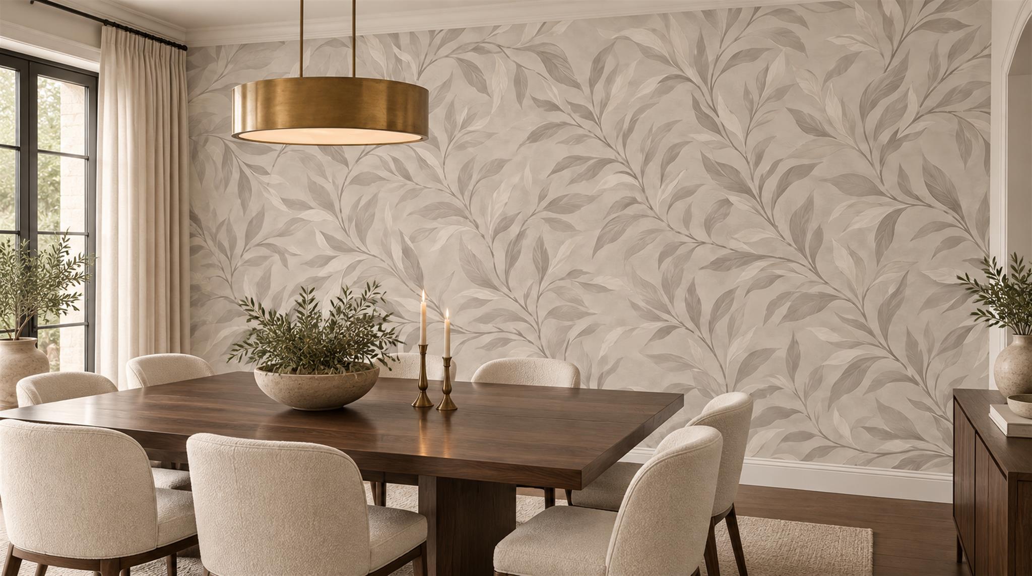 Grey Leaf Patterning Wallpaper Mural Scene