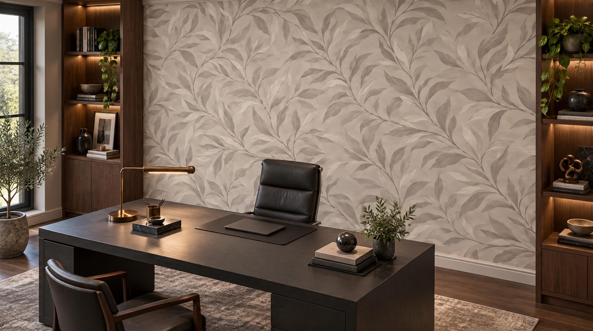 Grey Leaf Patterning Wallpaper Mural Scene