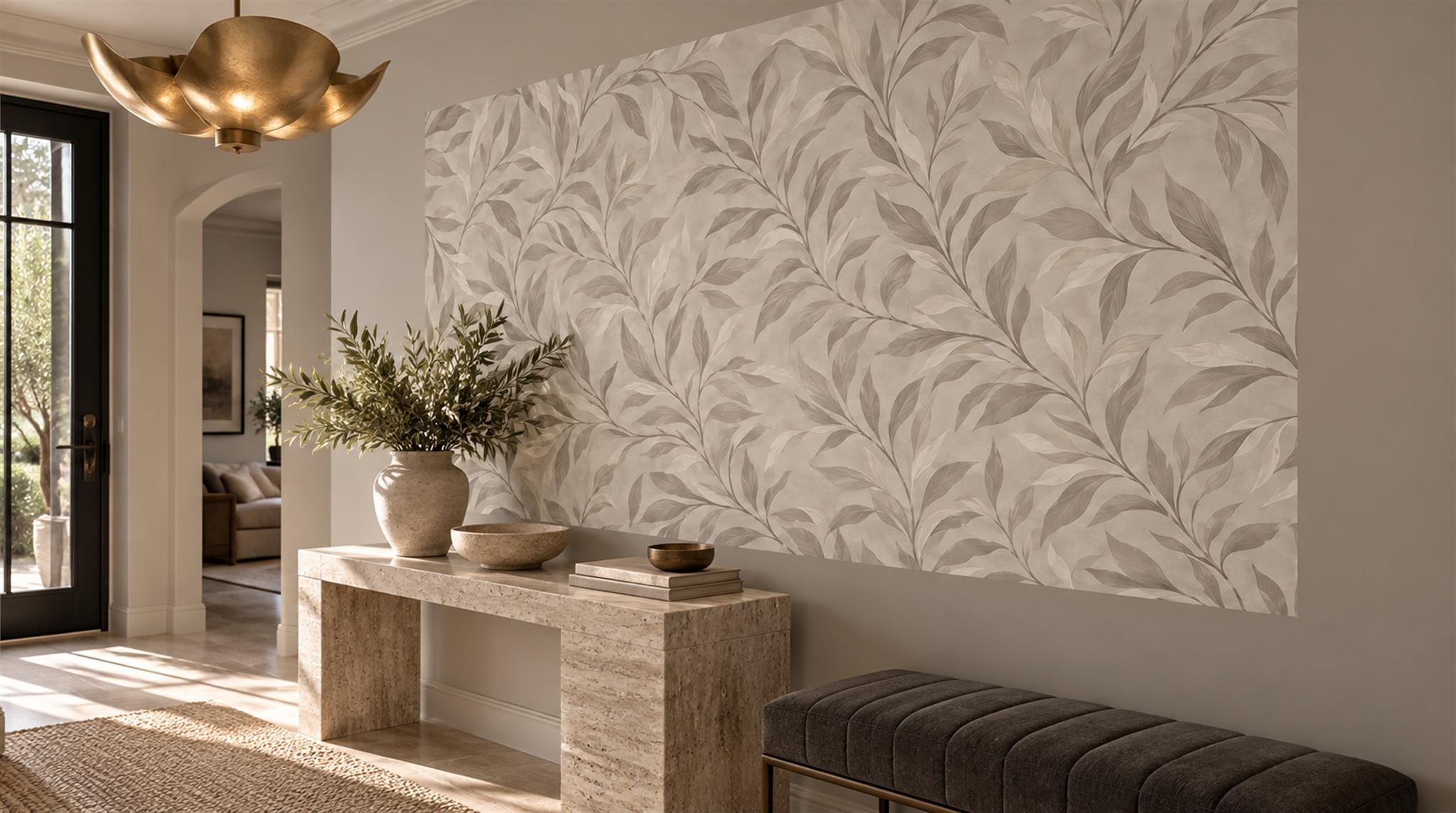 Grey Leaf Patterning Wallpaper Mural Scene