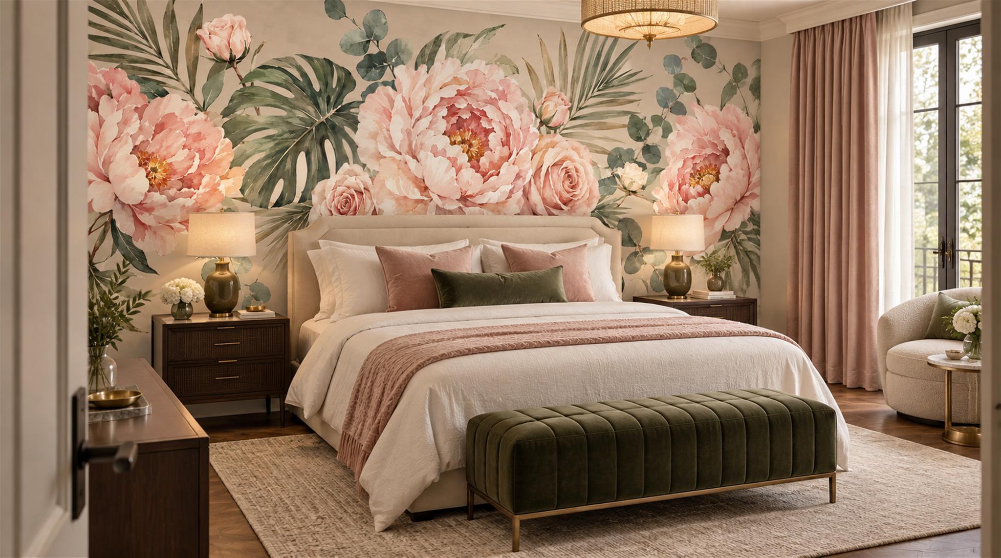 Sage Green Floral Foliage Wallpaper Mural Scene