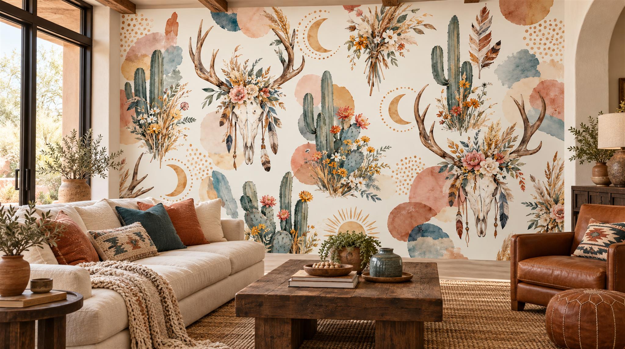 Neutral Leaf Patterning Wallpaper Mural Scene