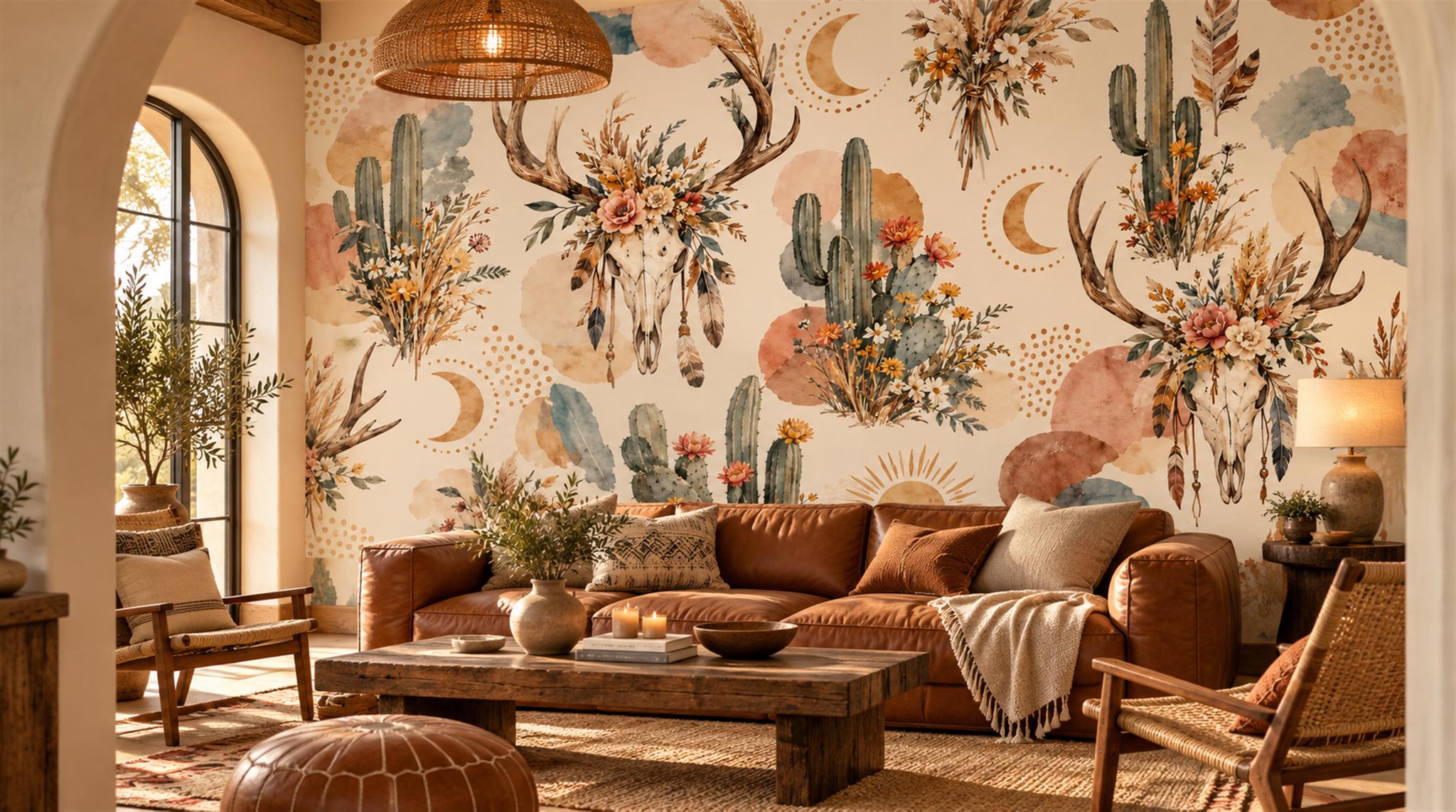 Neutral Leaf Patterning Wallpaper Mural Scene