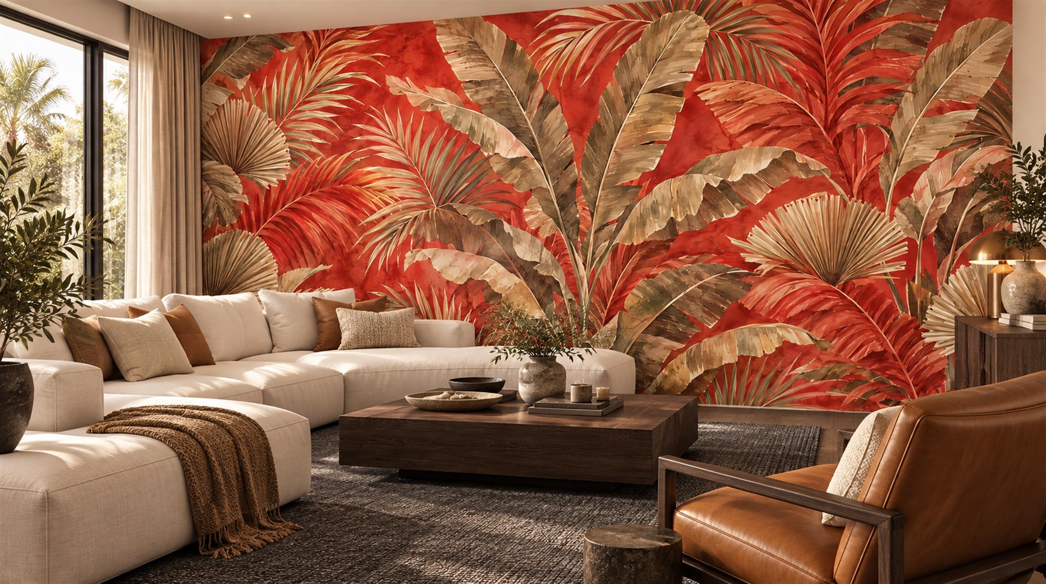 Neutral Palm Leaves Wallpaper Mural Scene