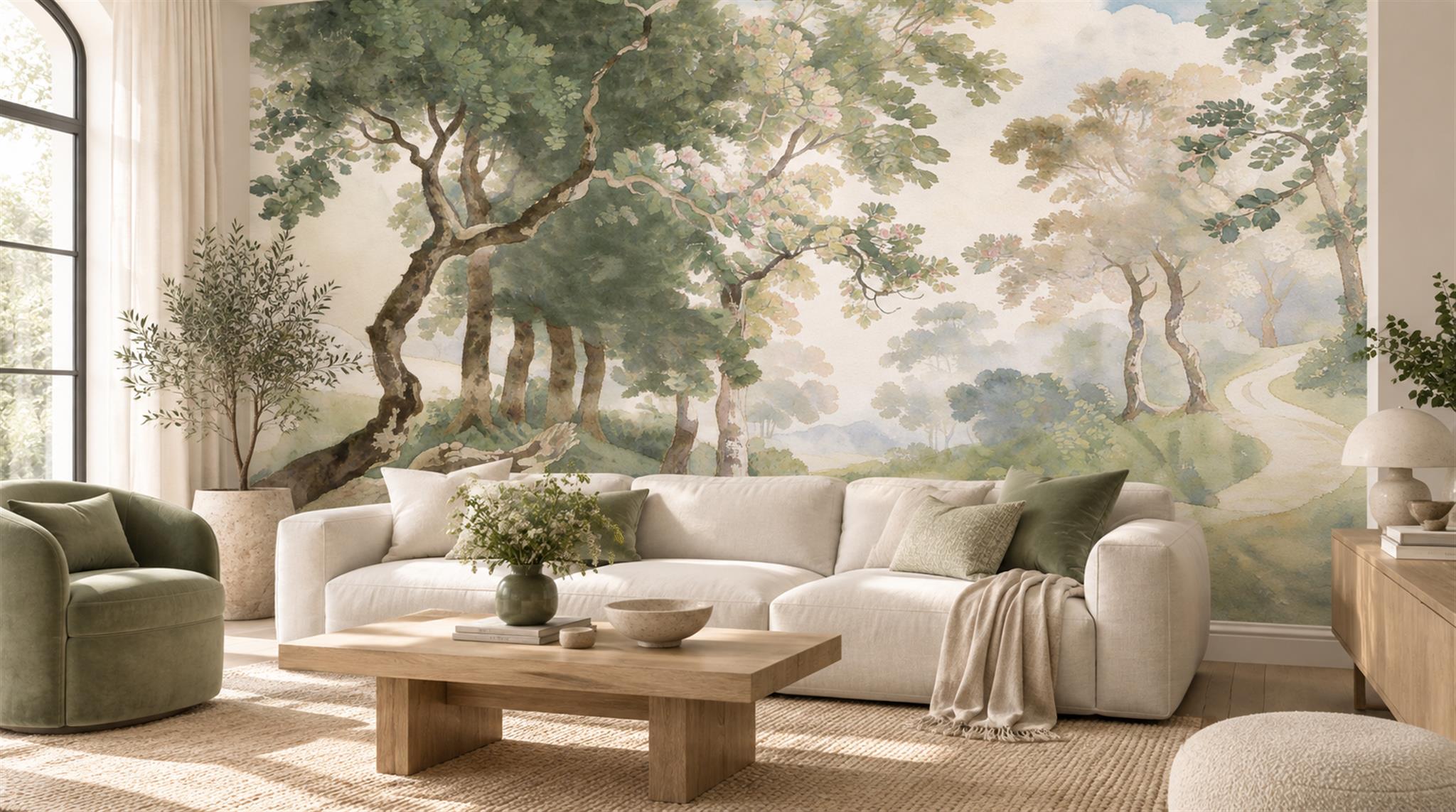 Ivory Woodland Trees Wallpaper Mural Scene