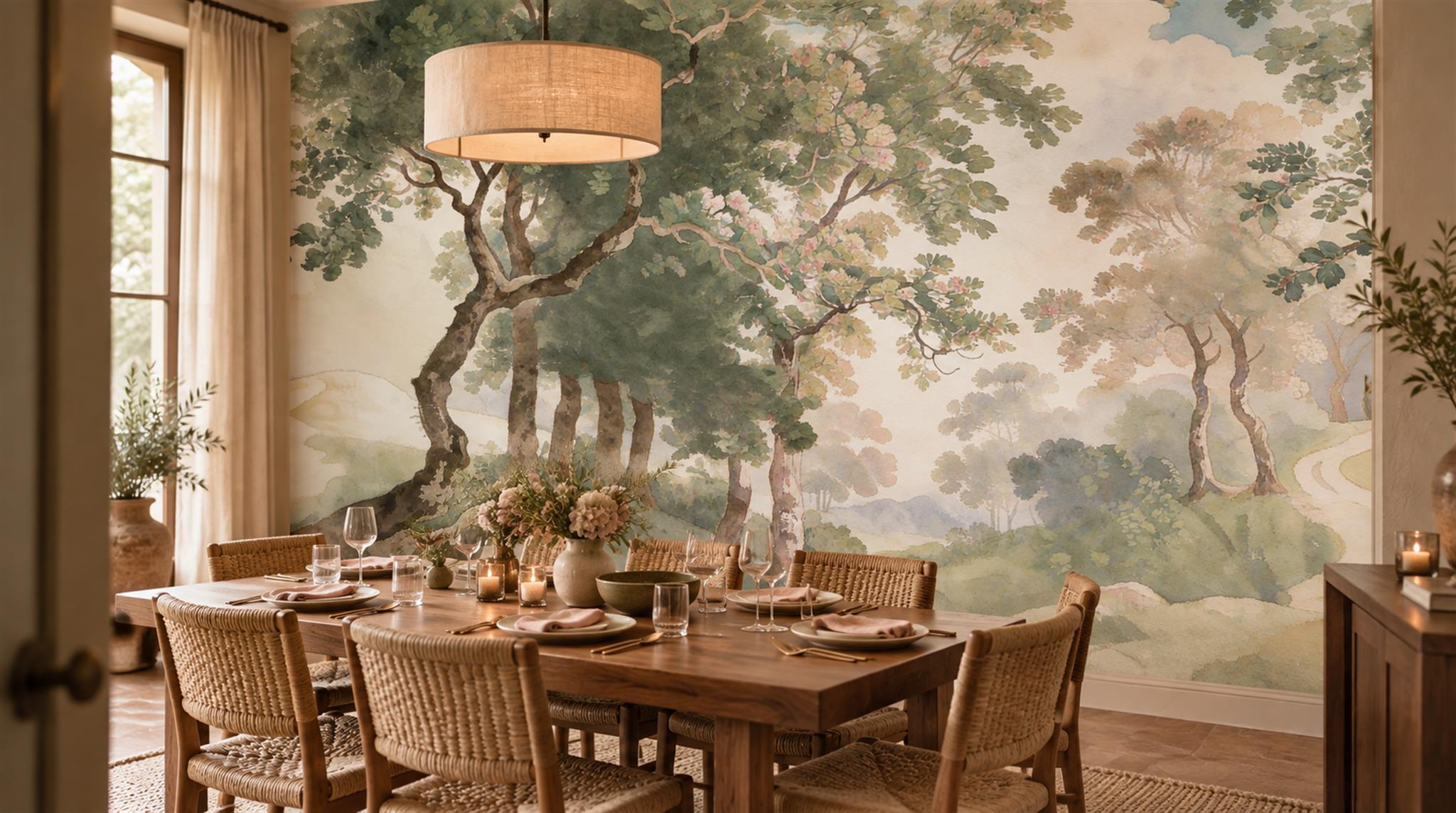 Ivory Woodland Trees Wallpaper Mural Scene