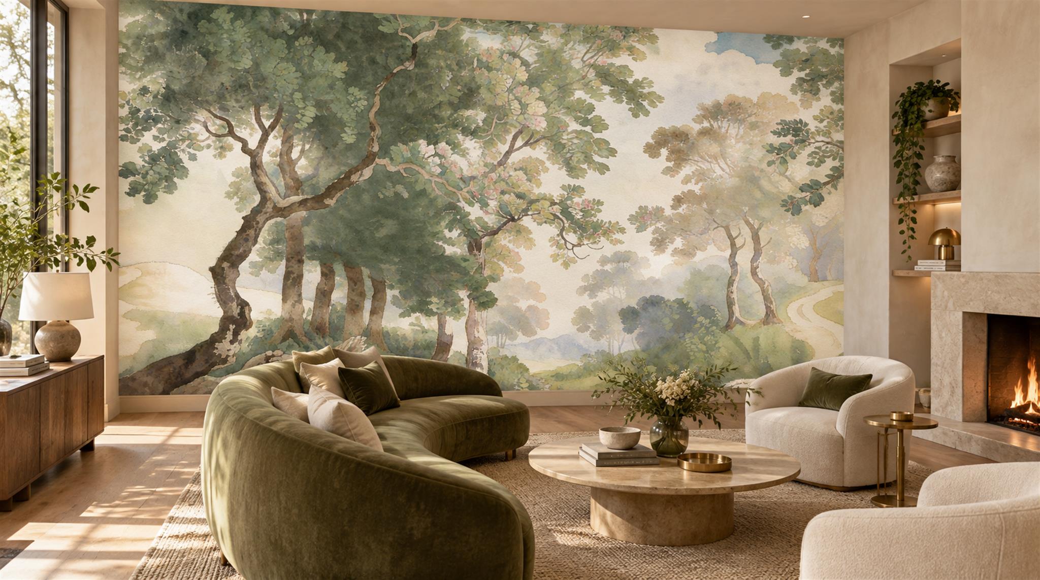 Ivory Woodland Trees Wallpaper Mural Scene