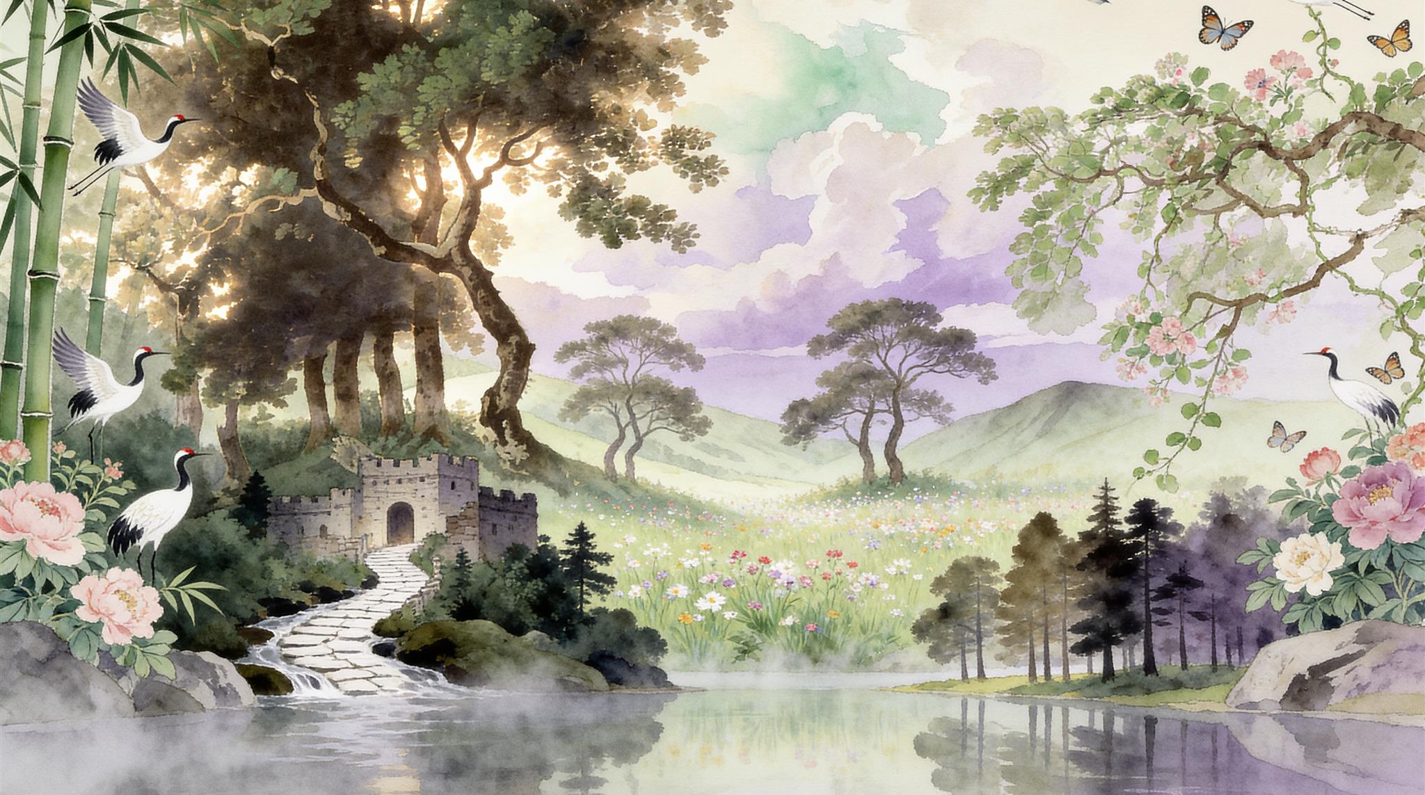 Soft Pastel Layered Foliage Wallpaper Mural Main