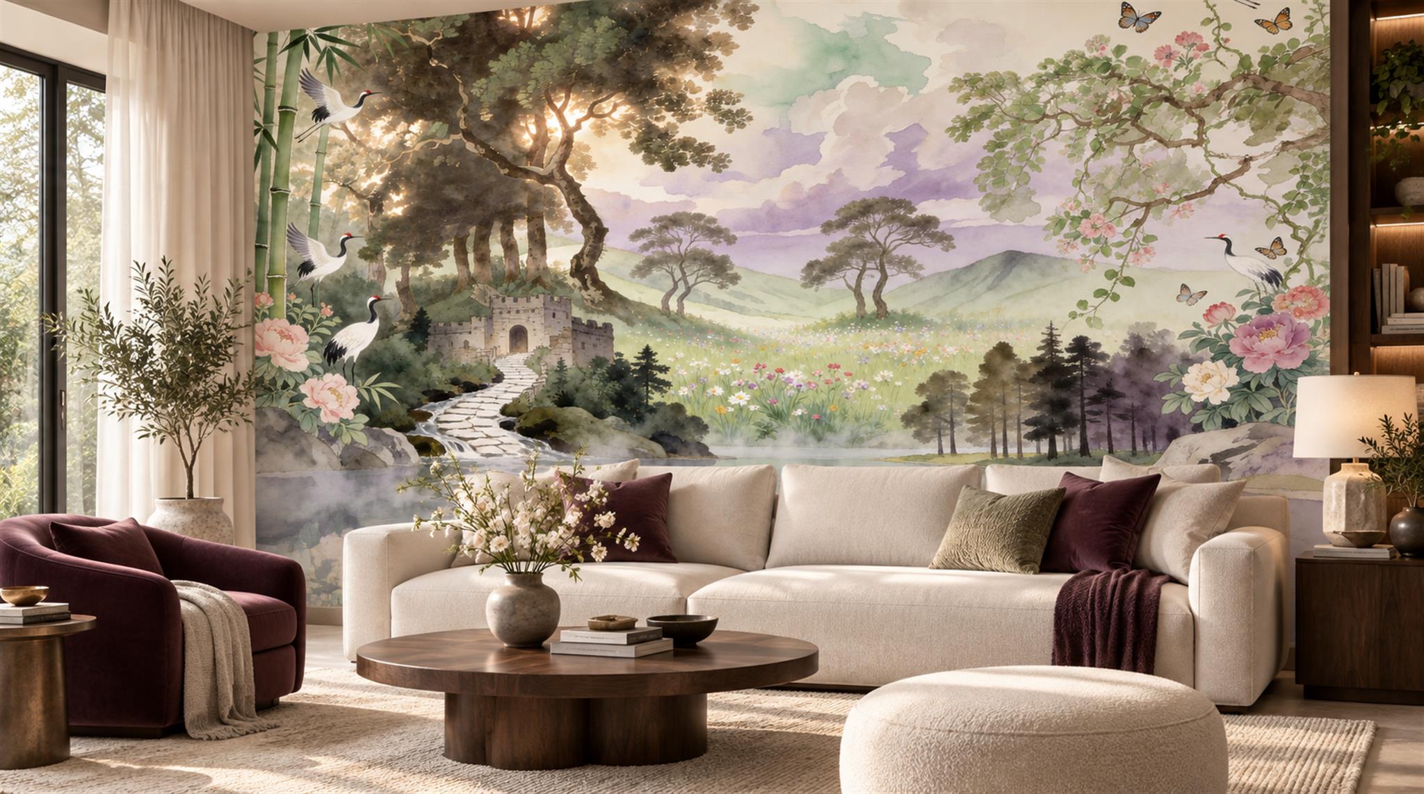 Soft Pastel Layered Foliage Wallpaper Mural Scene