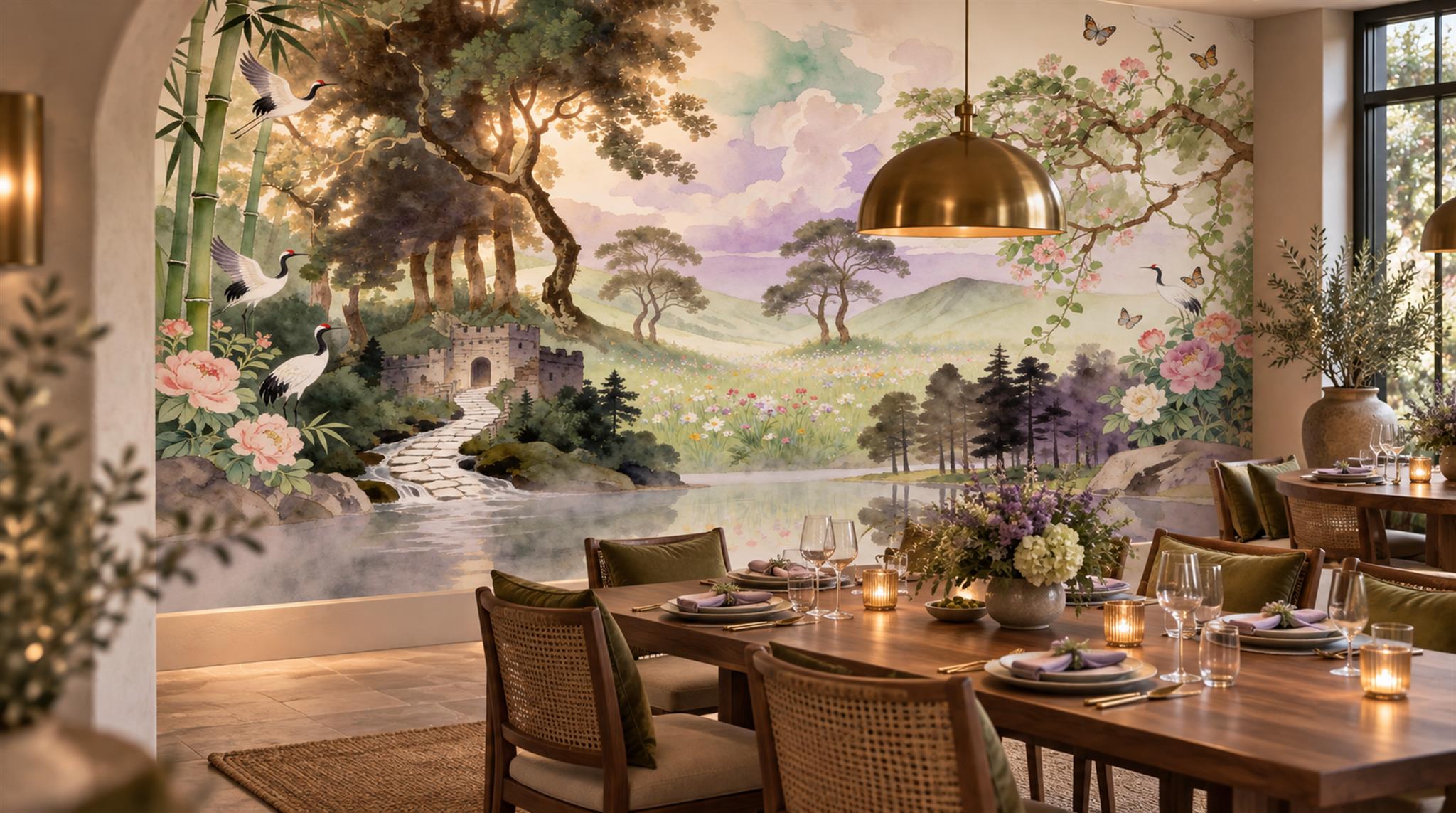 Soft Pastel Layered Foliage Wallpaper Mural Scene