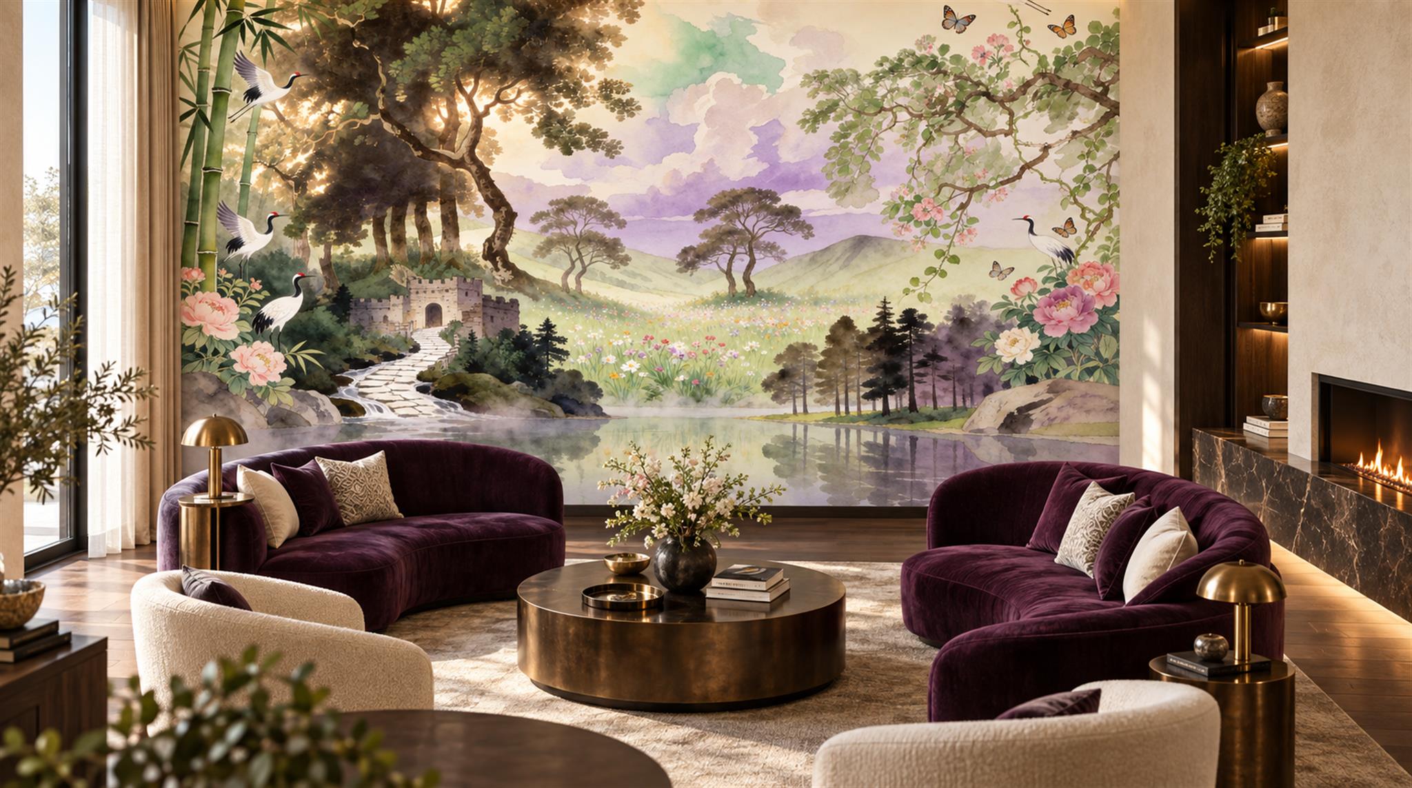 Soft Pastel Layered Foliage Wallpaper Mural Scene