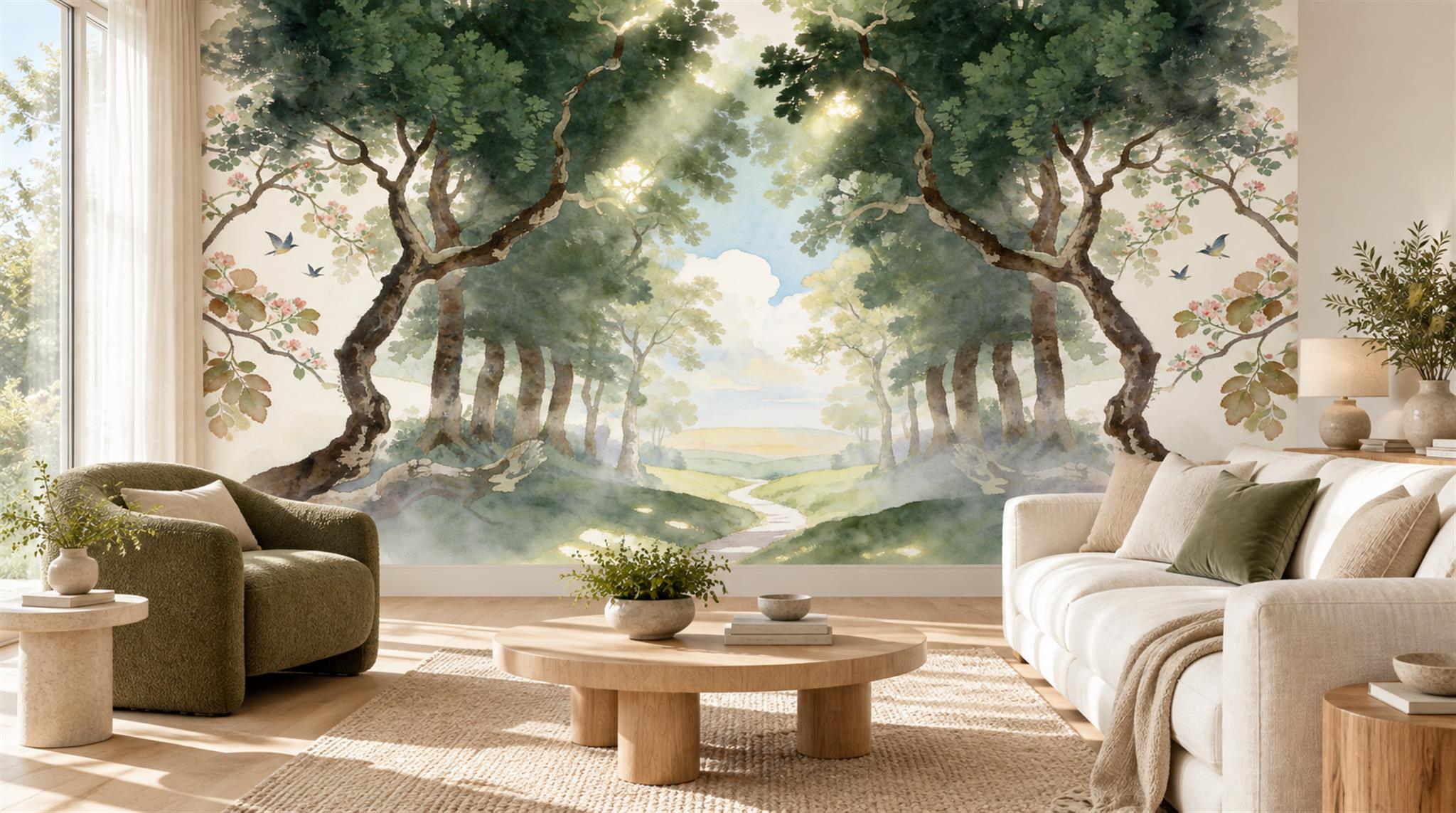 Ivory Woodland Trees Wallpaper Mural Scene