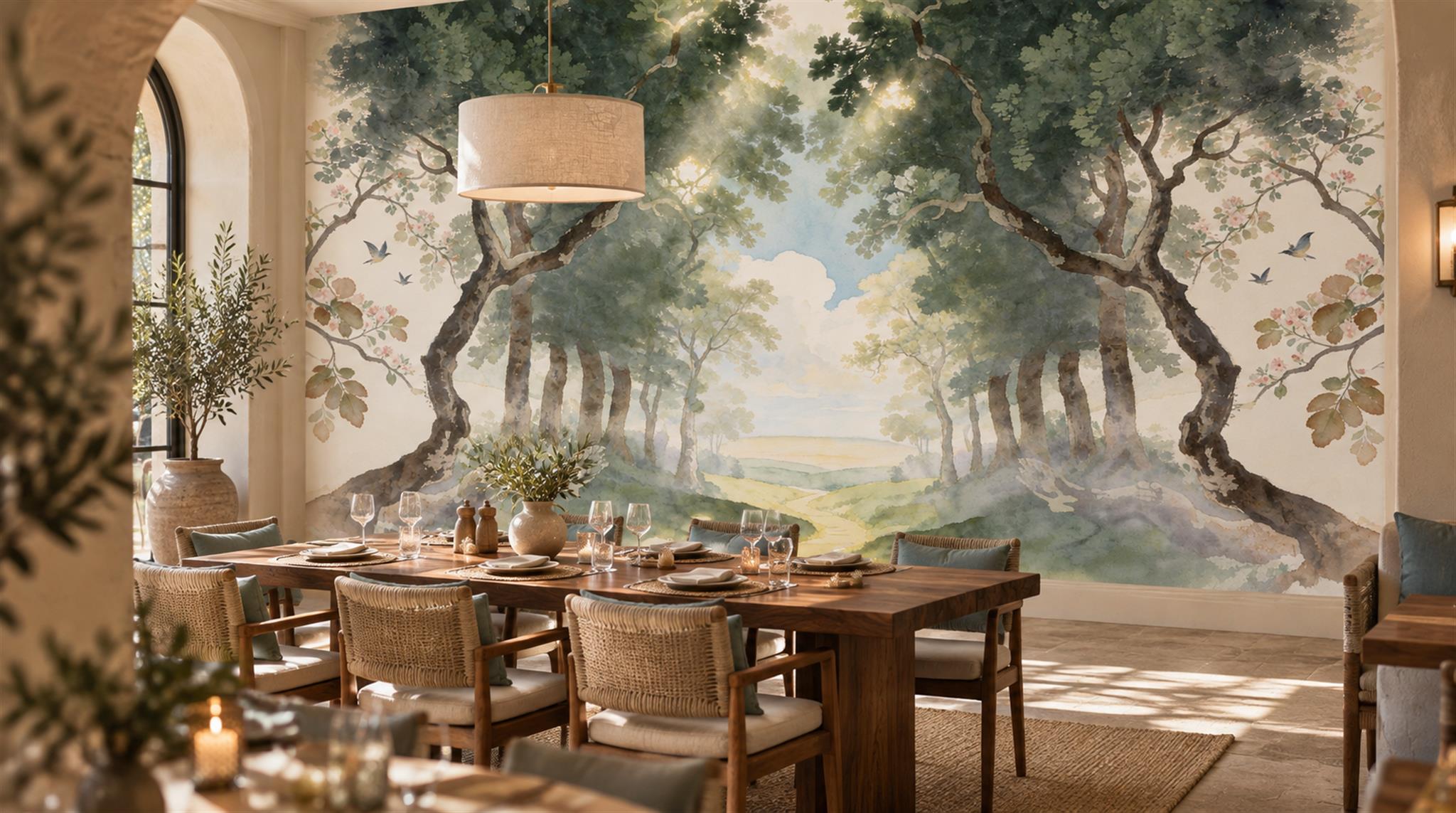 Ivory Woodland Trees Wallpaper Mural Scene